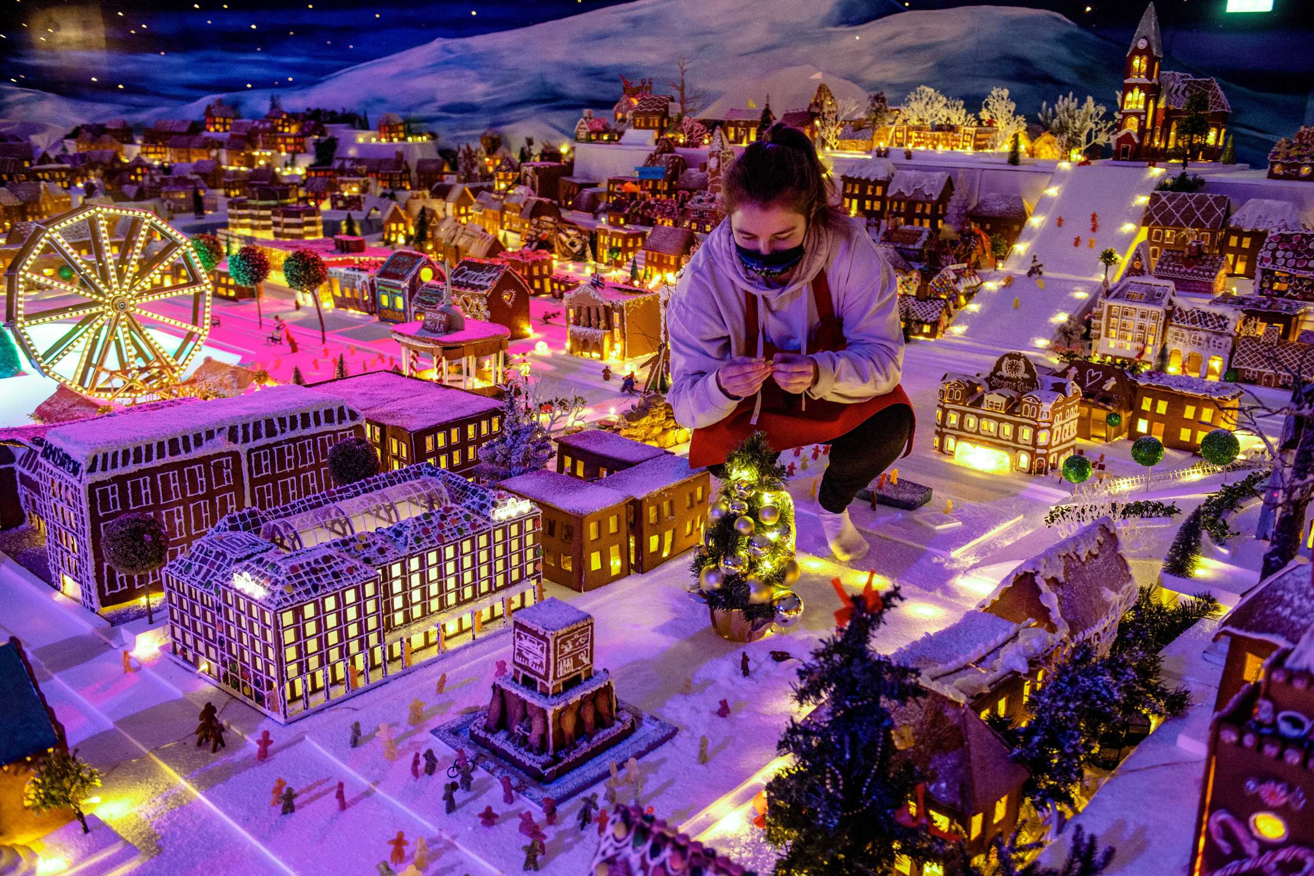 The Gingerbread Town, an annual pre-Christmas tradition consisting of miniature houses, trains, cars and ships, made from gingerbread, is pictured in Bergen, Norway December 8, 2020. NTB