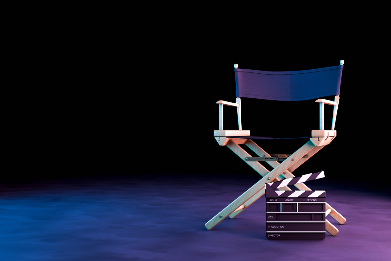 Director Chair and Movie Clapper with neon lights on black background, 3d rendering, cinematography concept.