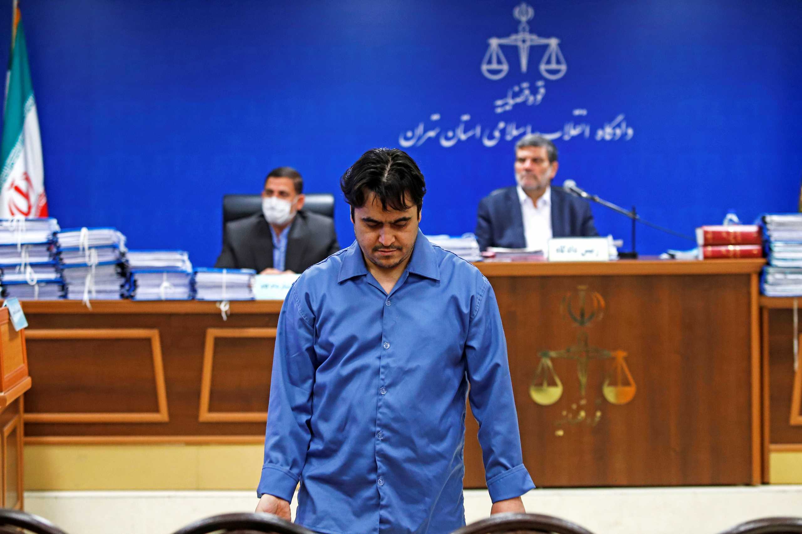 Ruhollah Zam, a dissident journalist who was captured in what Tehran calls an intelligence operation, is seen during his trial in Tehran, Iran June 2, 2020. Picture taken June 2, 2020. Mizan News Agency