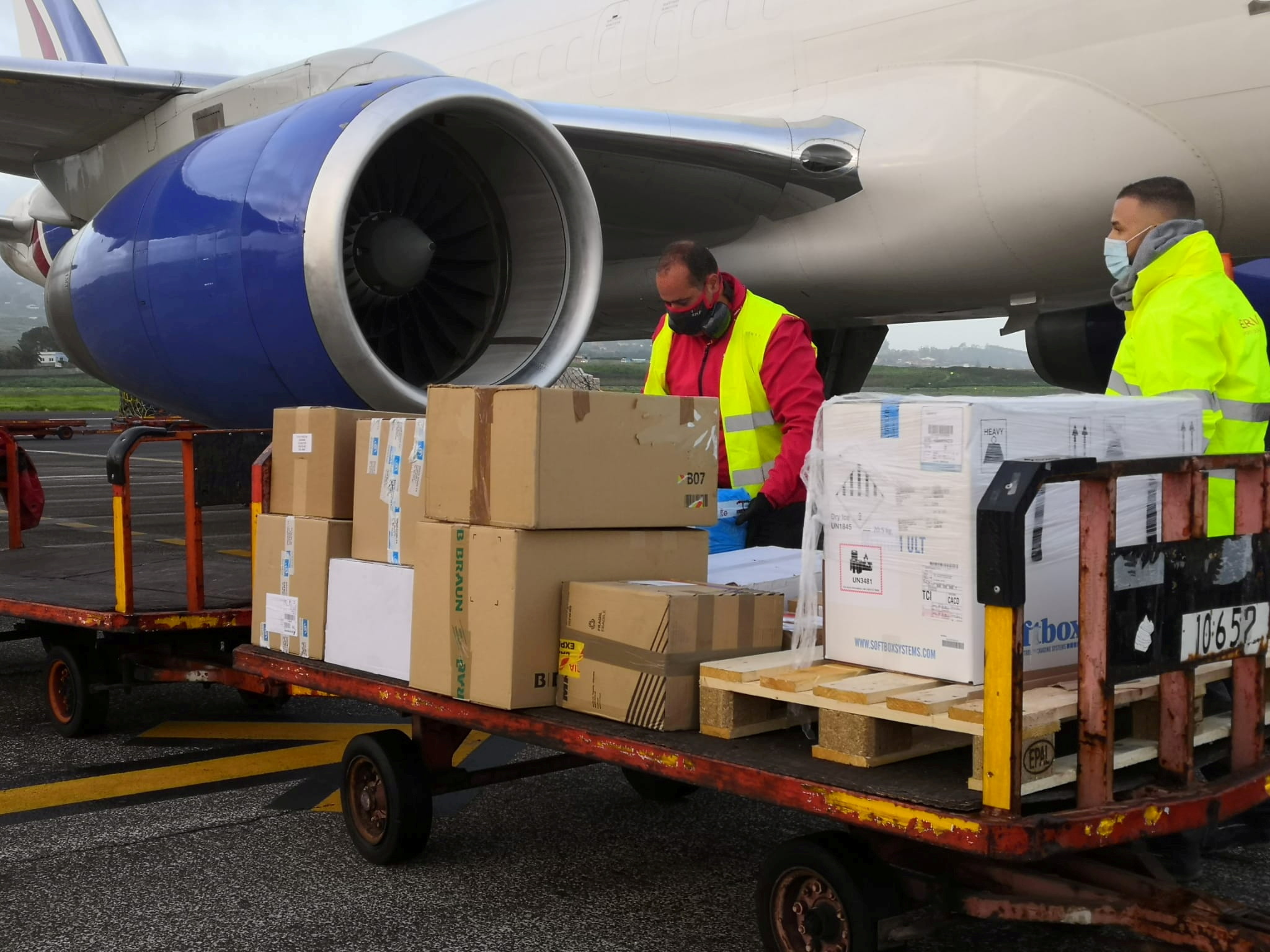 Workers unload a plane carrying new batches of the Pfizer COVID-19 vaccine at the Tenerife North airport in Tenerife, Canary Islands, Spain, December 29, 2020. Moncloa Palace