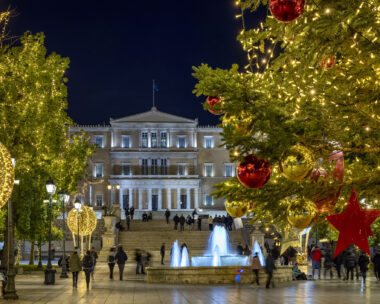 Athens, Greece - December 20th 2021: the christmas decorated Syntagma Square in front of the Greek Parliament in the City Centre