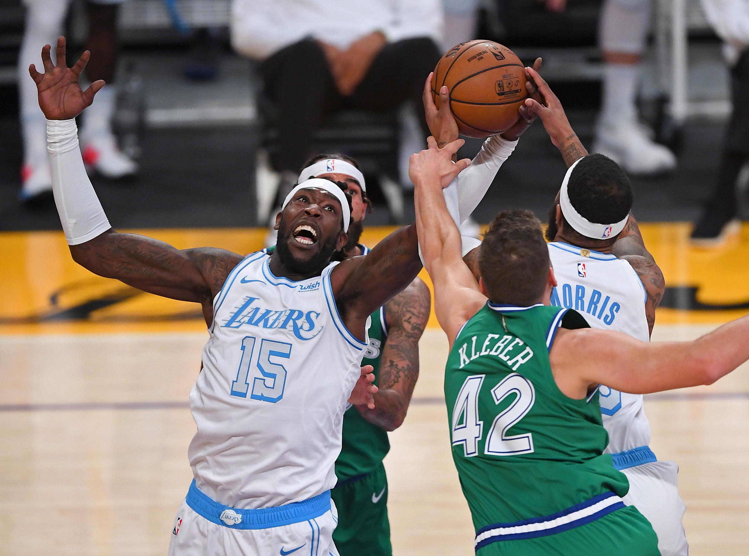 Dec 25, 2020; Los Angeles, California, USA;   Los Angeles Lakers forward Montrezl Harrell (15), Los Angeles Lakers forward Markieff Morris (88) and Dallas Mavericks forward Maxi Kleber (42) reach for a rebound as he looks to shoot a basket in the first half of the game at Staples Center. Mandatory Credit: Jayne Kamin-Oncea-USA TODAY Sports