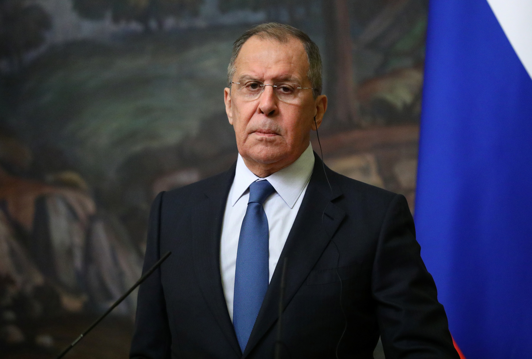 Russian Foreign Minister Sergei Lavrov attends a news conference following talks with his Uruguayan counterpart Francisco Bustillo in Moscow, Russia December 1, 2020. Russian Foreign Ministry