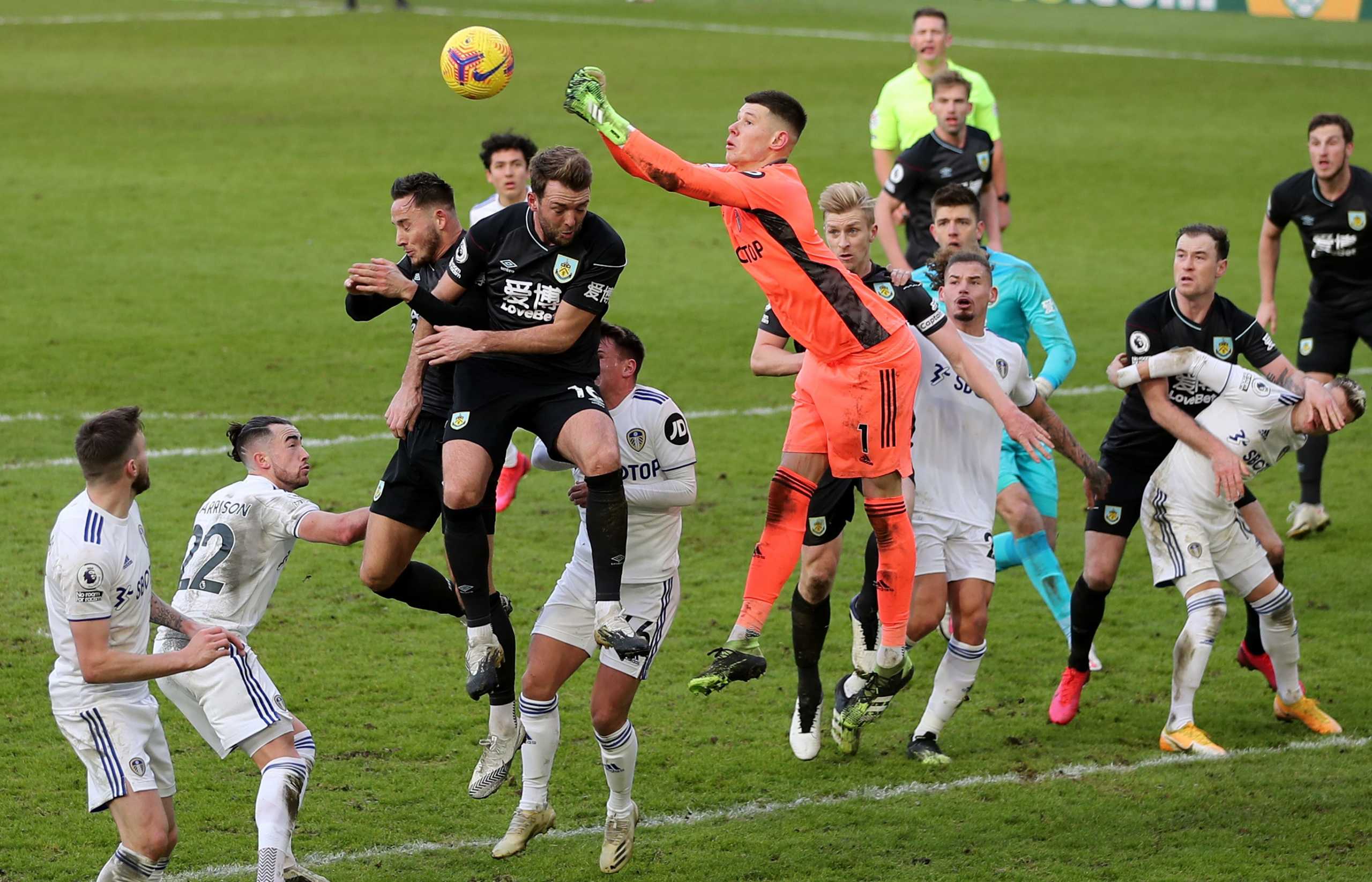 Soccer Football - Premier League - Leeds United v Burnley - Elland Road, Leeds, Britain - December 27, 2020 Leeds United's Illan Meslier in action with Burnley's Dale Stephens Pool via REUTERS