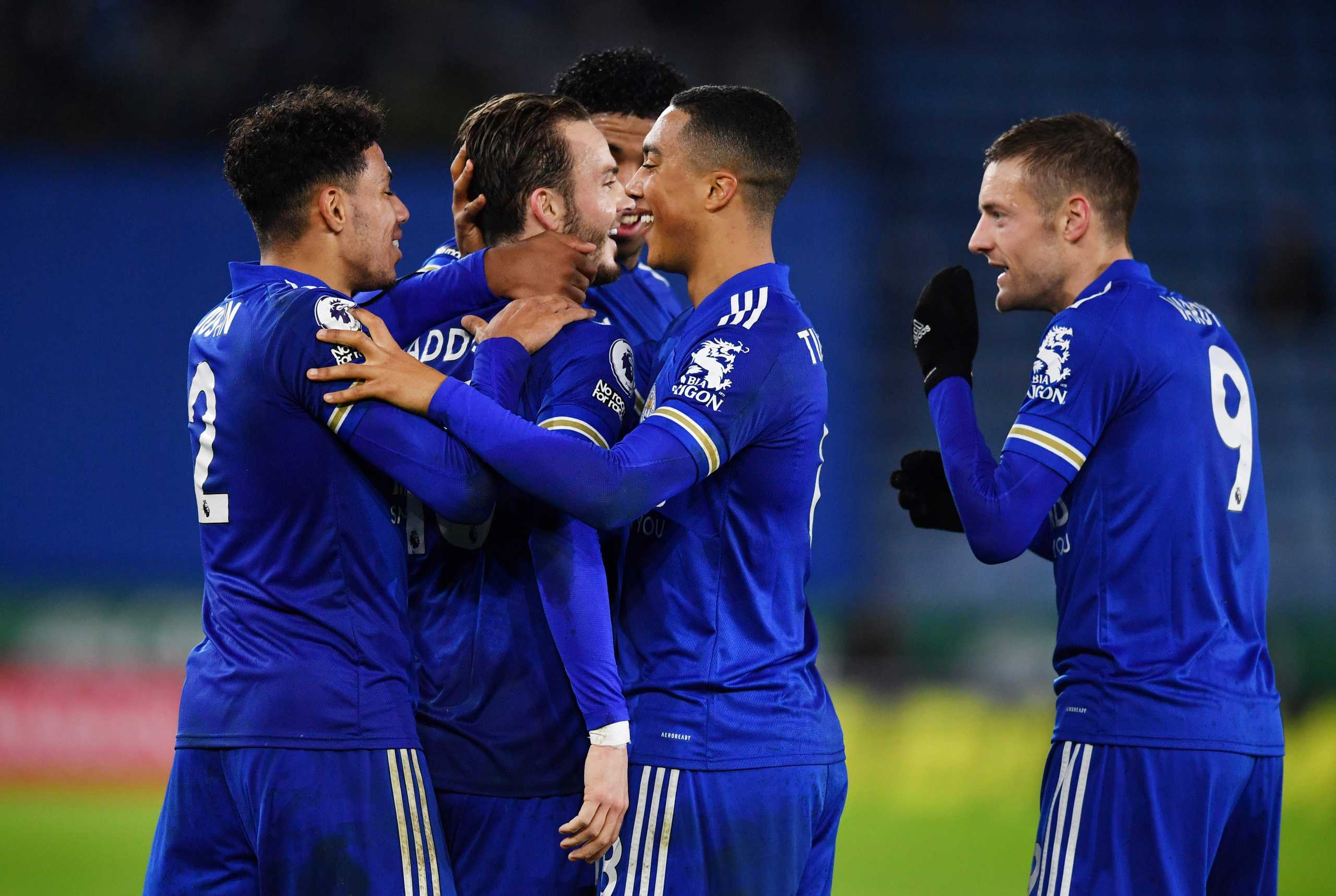 Soccer Football - Premier League - Leicester City v Brighton & Hove Albion - King Power Stadium, Leicester, Britain - December 13, 2020 Leicester City's James Maddison celebrates scoring their third goal with teammates Pool via REUTERS