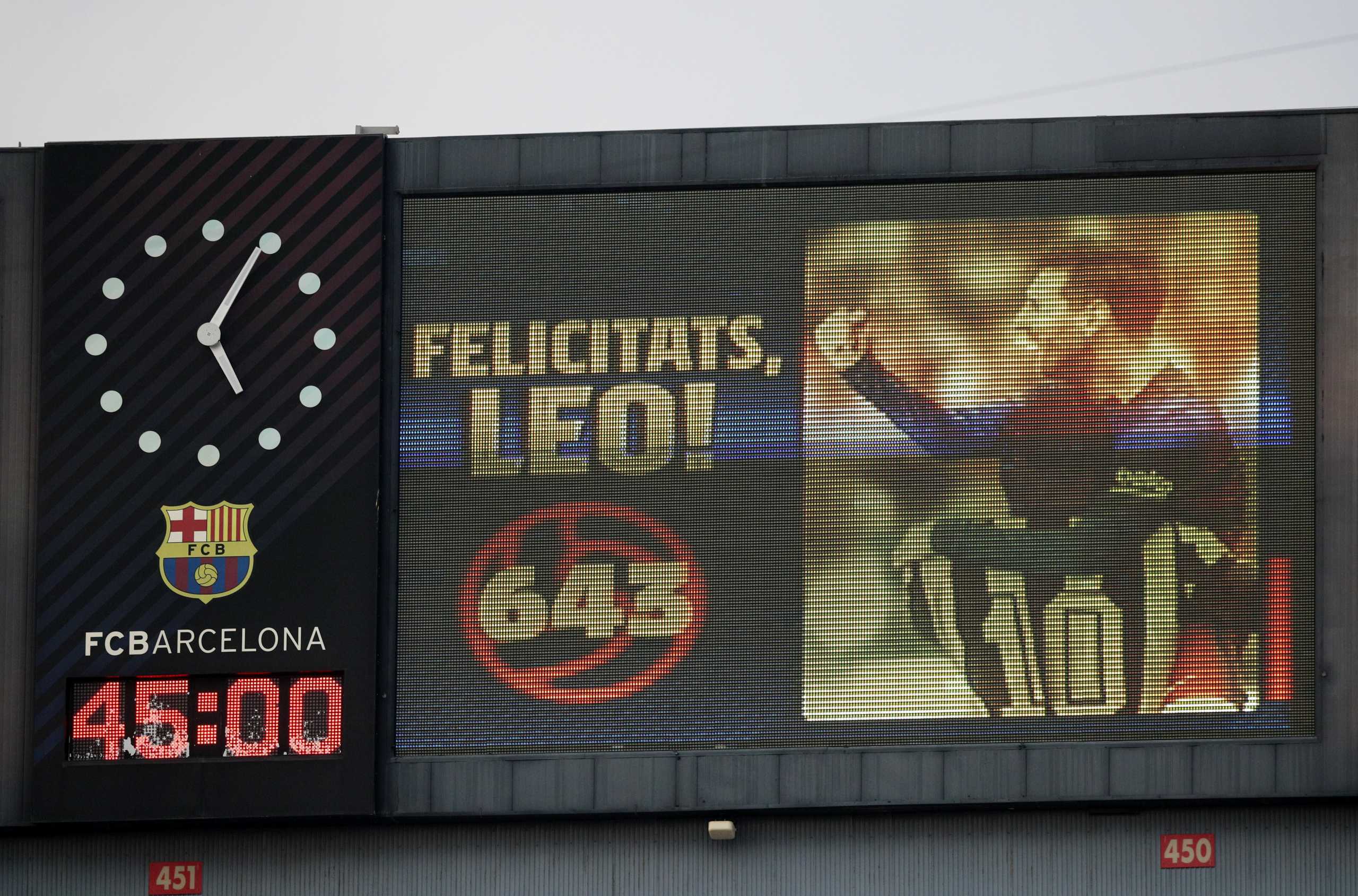 Soccer Football - La Liga Santander - FC Barcelona v Valencia - Camp Nou, Barcelona, Spain - December 19, 2020 Big screen showing Barcelona's Lionel Messi scoring 643 goals equaling Pele's record for most goals at one club REUTERS