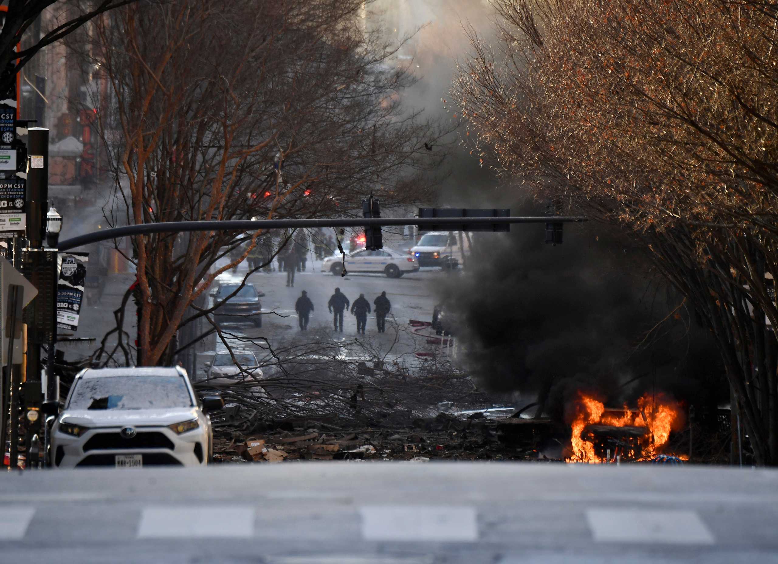 A vehicle burns near the site of an explosion in the area of Second and Commerce in Nashville, Tennessee, U.S. December 25, 2020. Andrew Nelles