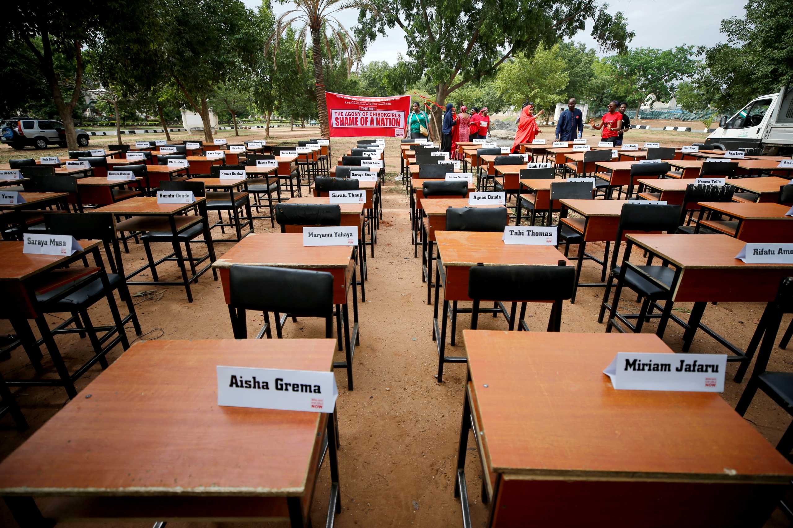 FILE PHOTO: Names of missing Chibok school girls kidnapped by Boko Haram insurgency five years ago are displayed during the 5th year anniversary of their abduction, in Abuja, Nigeria April 14, 2019. REUTERS