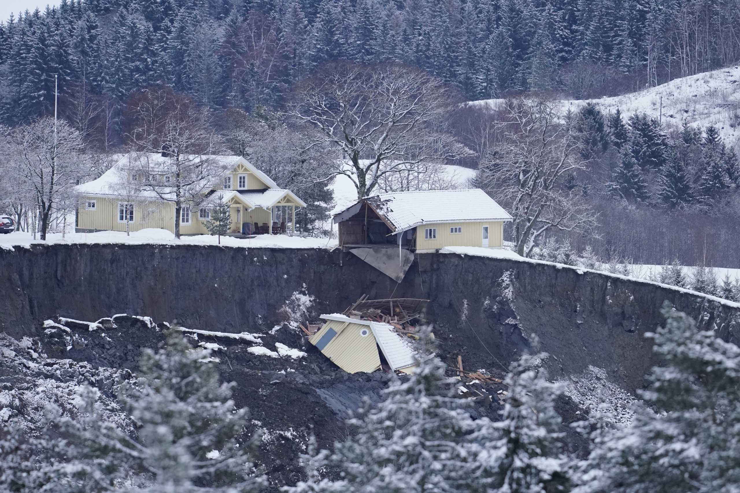 A view of destroyed homes after yesterday's landslide in Ask, Gjerdrum municipality, Norway December 31, 2020. NTB