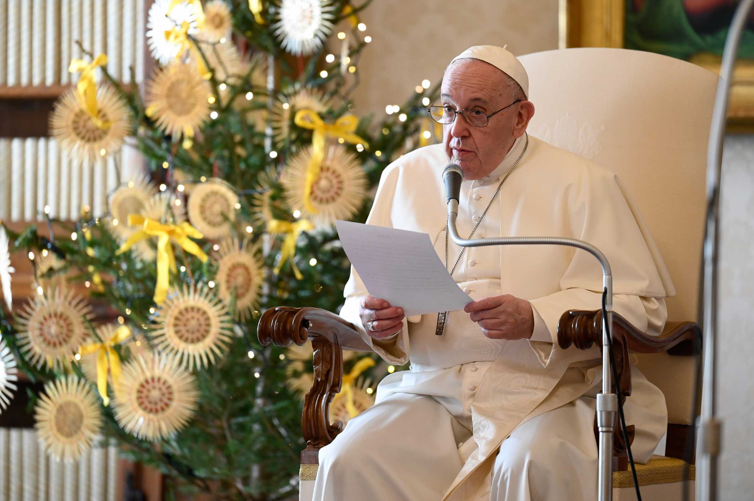 Pope Francis holds the weekly general audience at the Library of the Apostolic Palace at the Vatican December 16, 2020.   Vatican Media