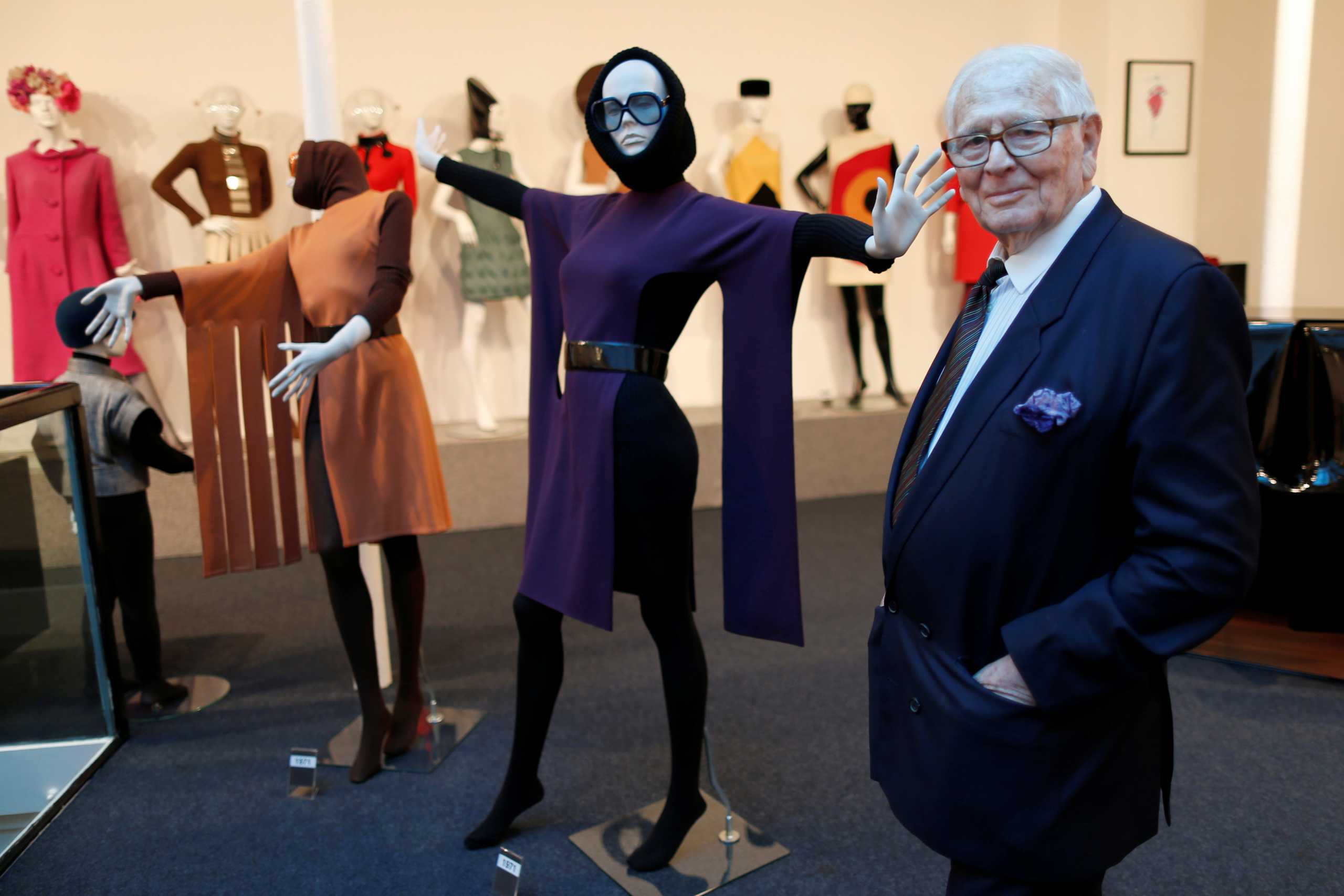 FILE PHOTO: French fashion designer Pierre Cardin poses in front of his fashion creations in his museum called "Past-Present-Future" in Paris November 12, 2014. REUTERS