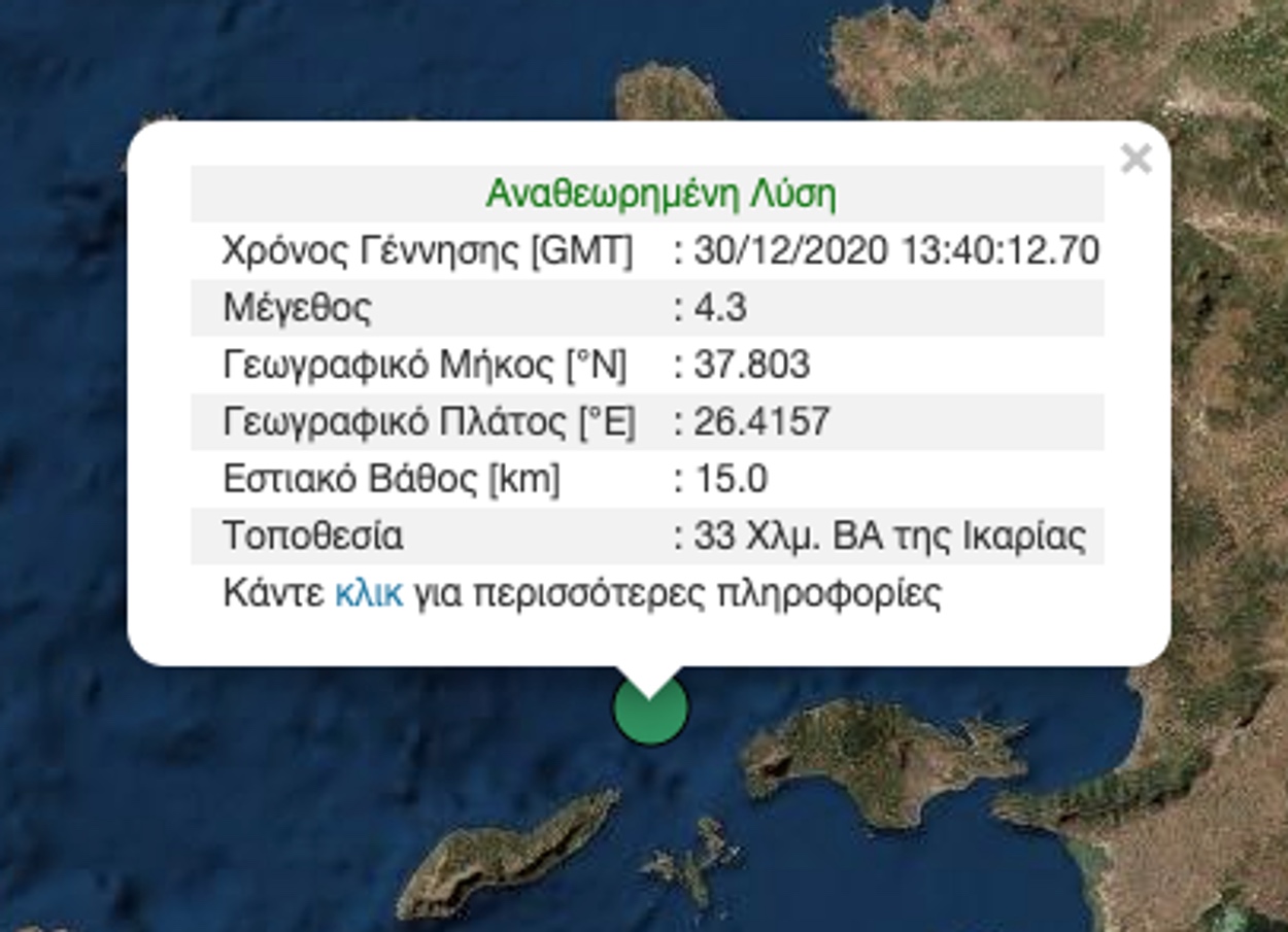 Σεισμός 4,3 ρίχτερ ανοικτά της Ικαρίας