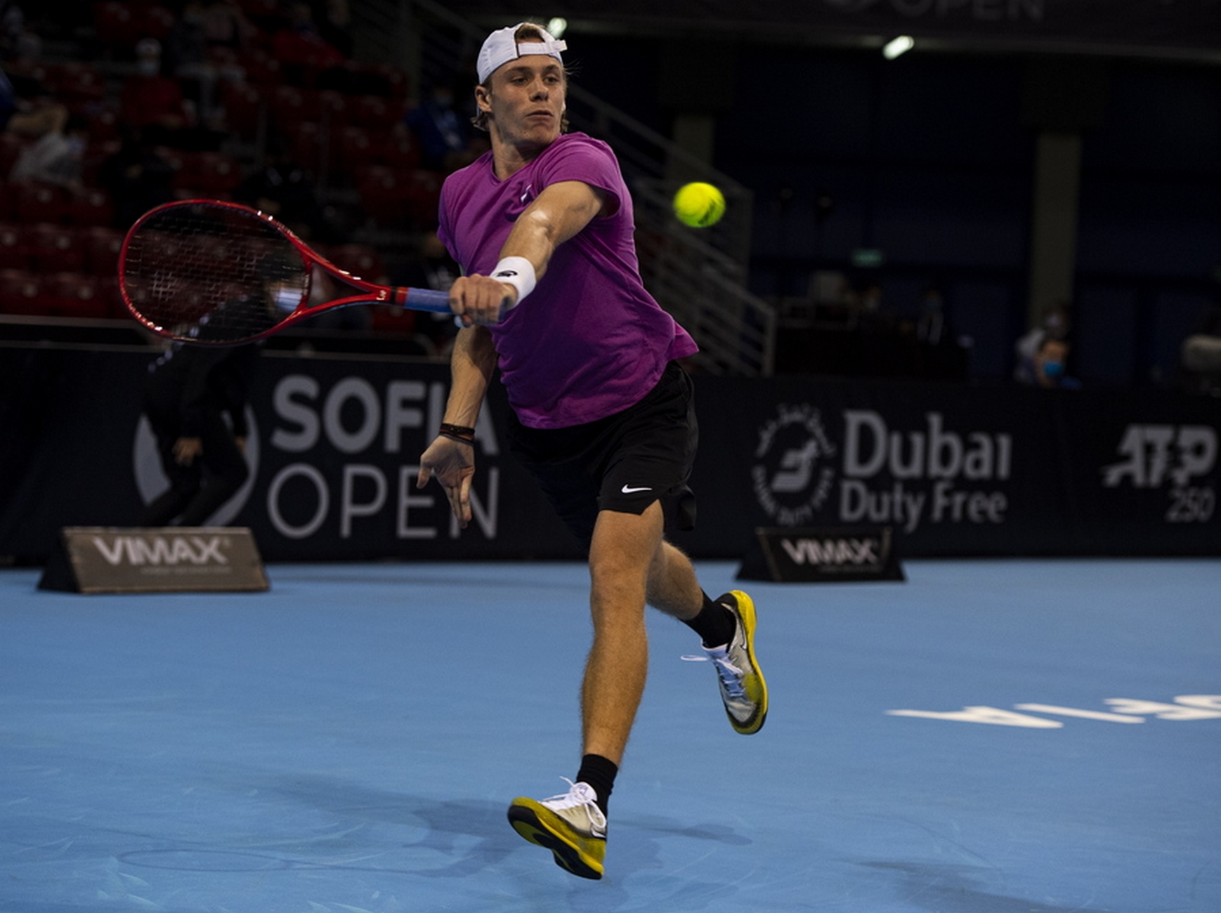 epa08812037 Denis Shapovalov of Canada in action during his second round match against Radu Albot of Moldova at the Sofia Open ATP 250 tennis tou​rnament in Sofia, Bulgaria, 10 November 2020.  EPA
