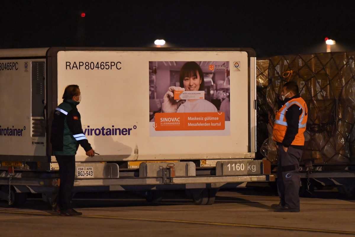 A shipment containing boxes of China's Sinovac coronavirus disease (COVID-19) vaccines arrives at Esenboga Airport in Ankara, Turkey, December 30, 2020. REUTERS