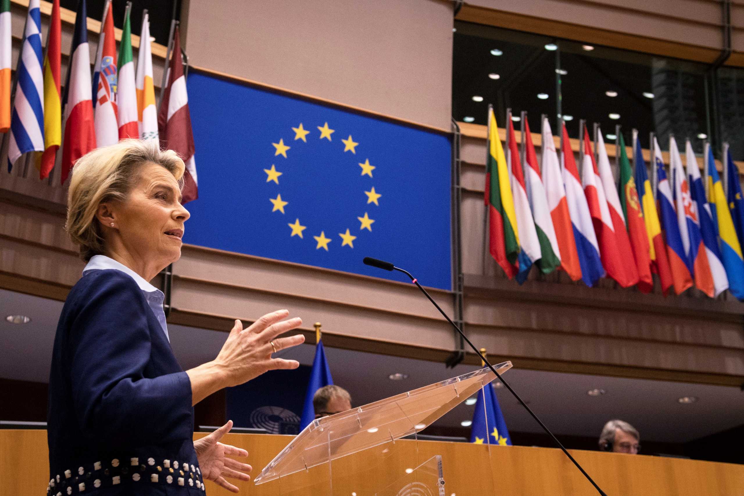 European Commission President Ursula von der Leyen delivers a speech on the conclusions of "Rule of Law Conditionality and Own Resources" at European Parliament in Brussels, Belgium December 16, 2020.    John Thys