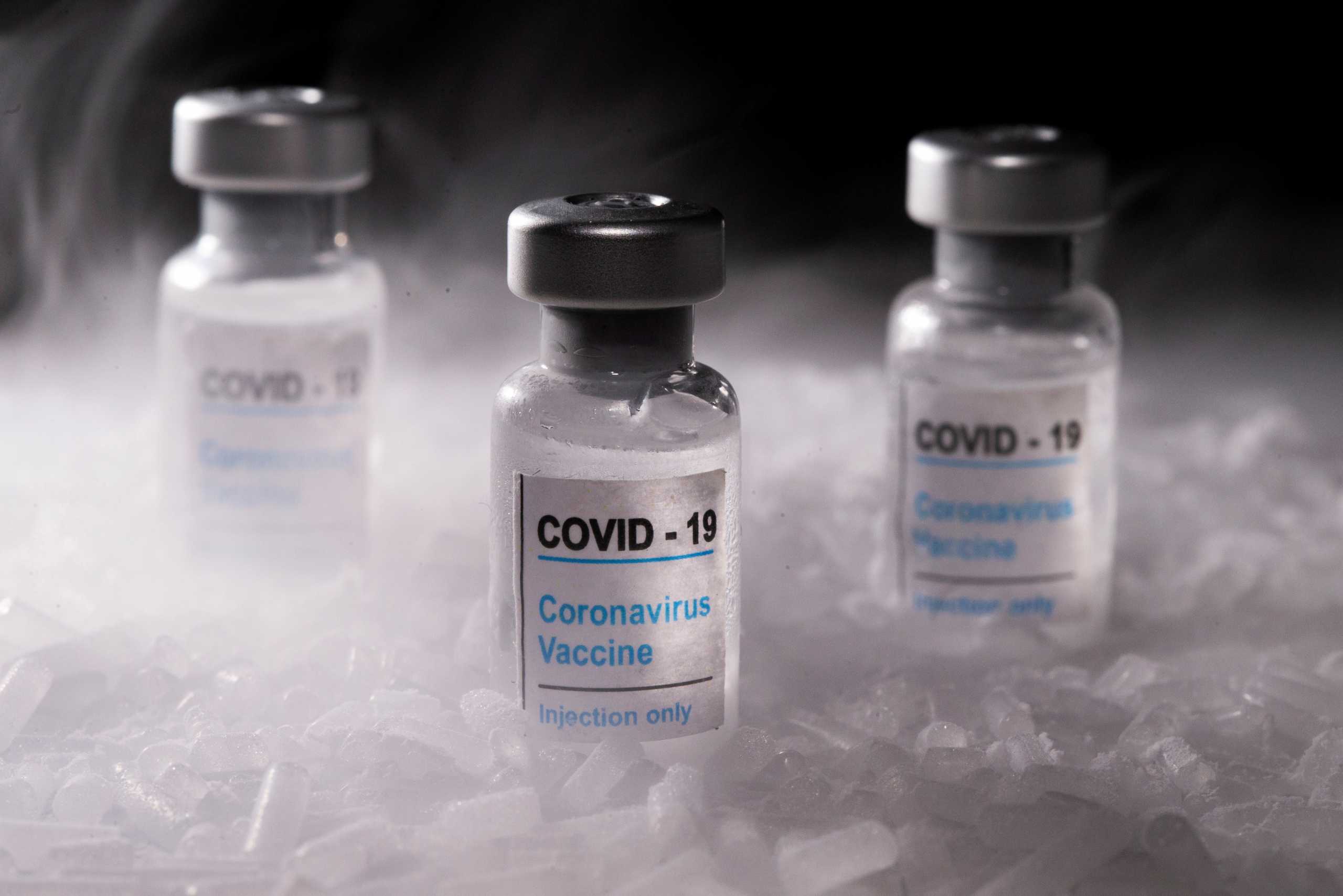 FILE PHOTO: Vials labelled "COVID-19 Coronavirus Vaccine" are placed on dry ice in this illustration taken, December 4, 2020.  REUTERS