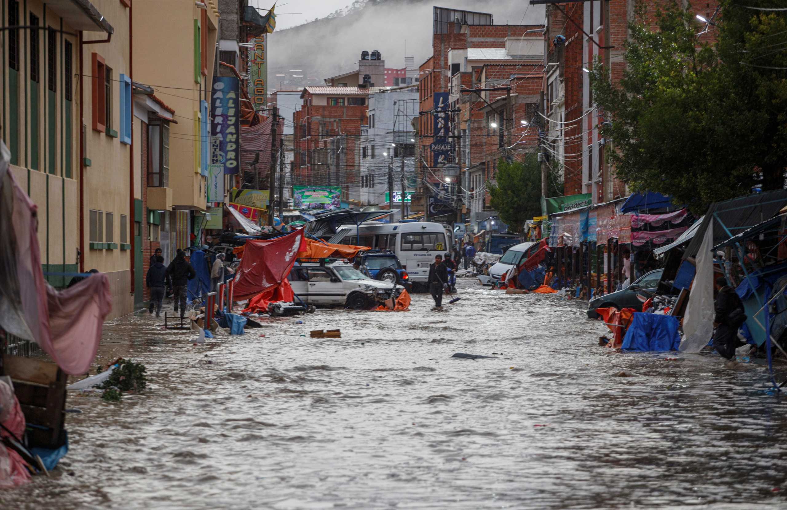 A street flooded by heavy rains is seen in Sucre, Bolivia January 4, 2021. Courtesy Correo del Sur