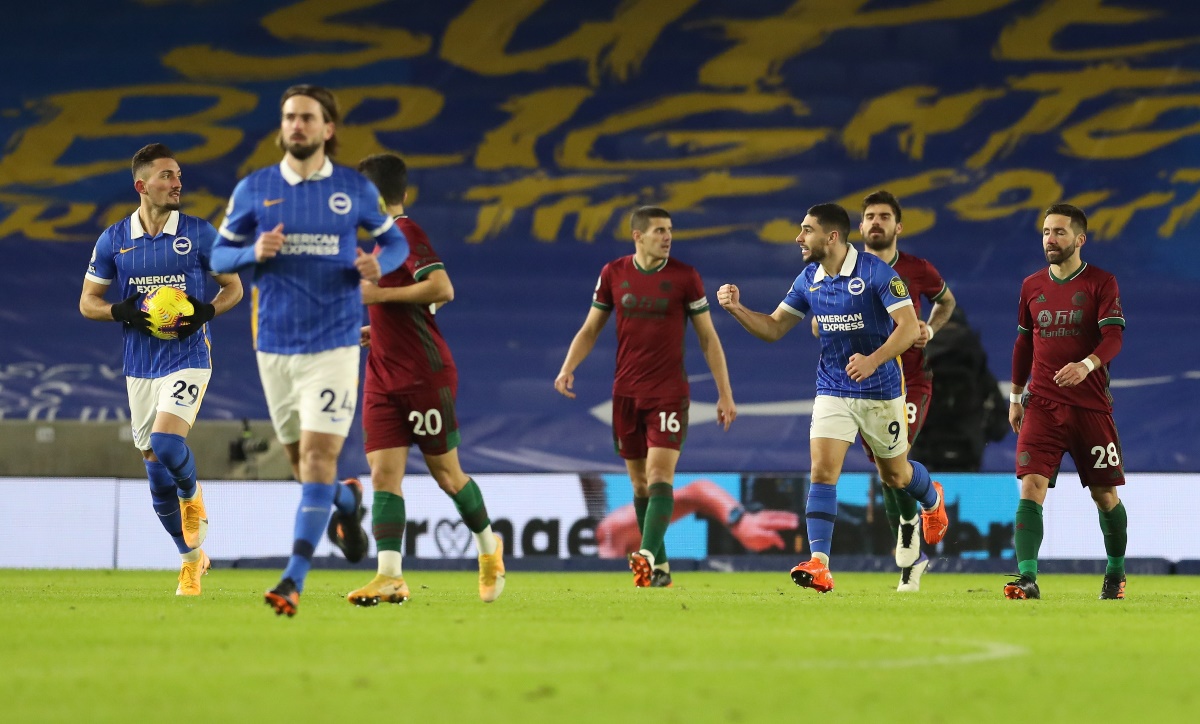 Soccer Football - Premier League - Brighton & Hove Albion v Wolverhampton Wanderers - The American Express Community Stadium, Brighton, Britain - January 2, 2021 Brighton & Hove Albion's Neal Maupay celebrates scoring their second goal Pool via REUTERS