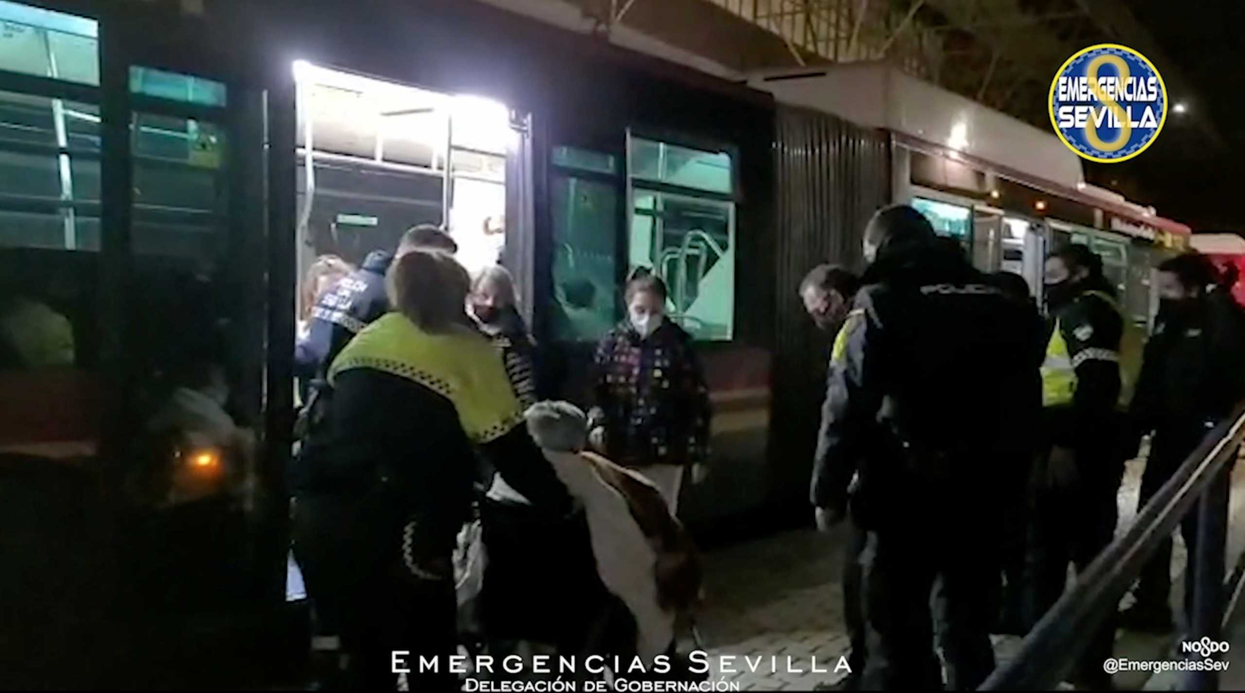 A patient is transported by members of the emergency services after a fire broke out at a nursing home in Sevilla, Spain January 6, 2021 in this screengrab from a video obtained from social media. Emergencias Sevilla