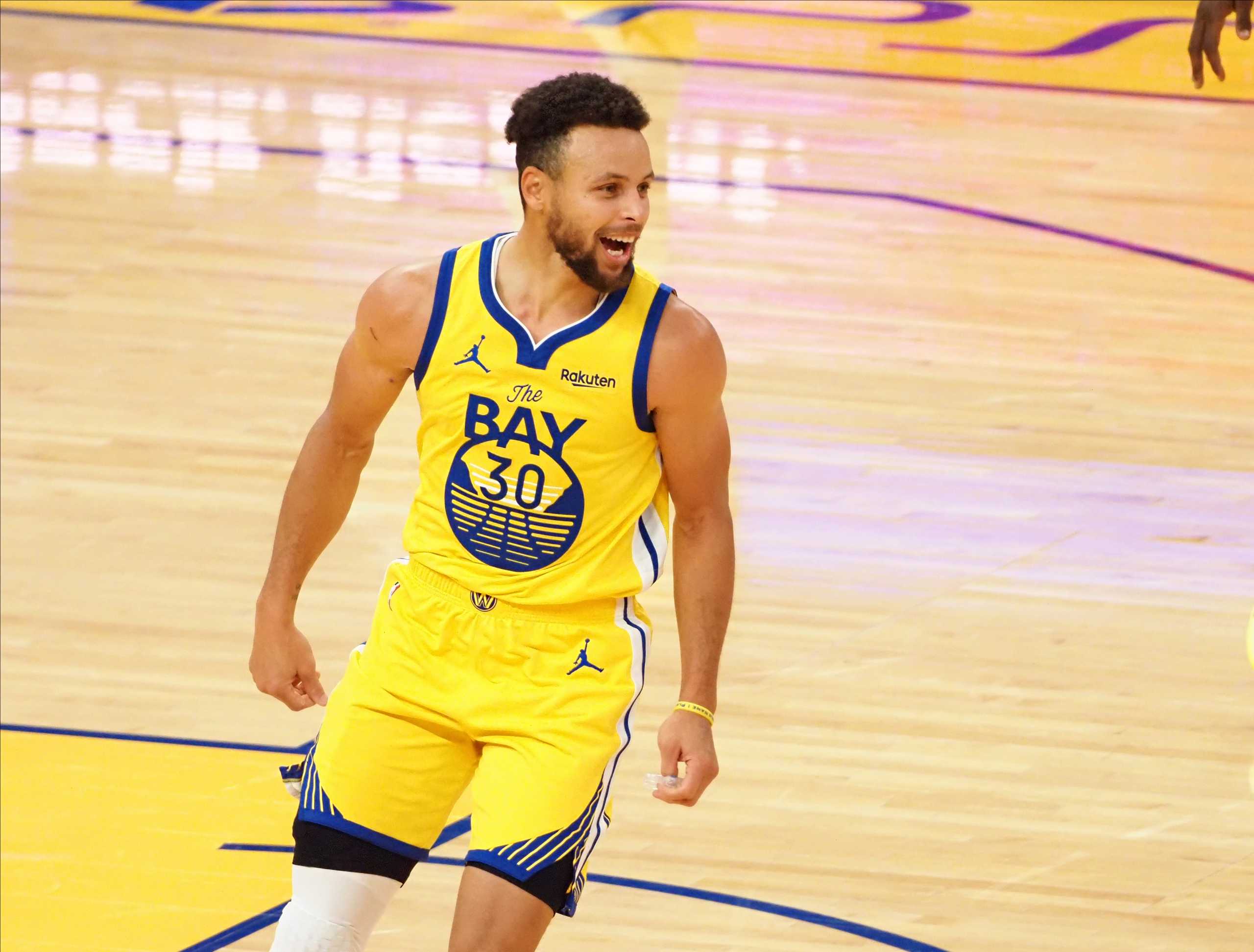 Jan 3, 2021; San Francisco, California, USA; Golden State Warriors guard Stephen Curry (30) celebrates after a basket against the Portland Trail Blazers during the fourth quarter for a career-high 62 point game for Curry at Chase Center. Mandatory Credit: Kelley L Cox-USA TODAY Sports