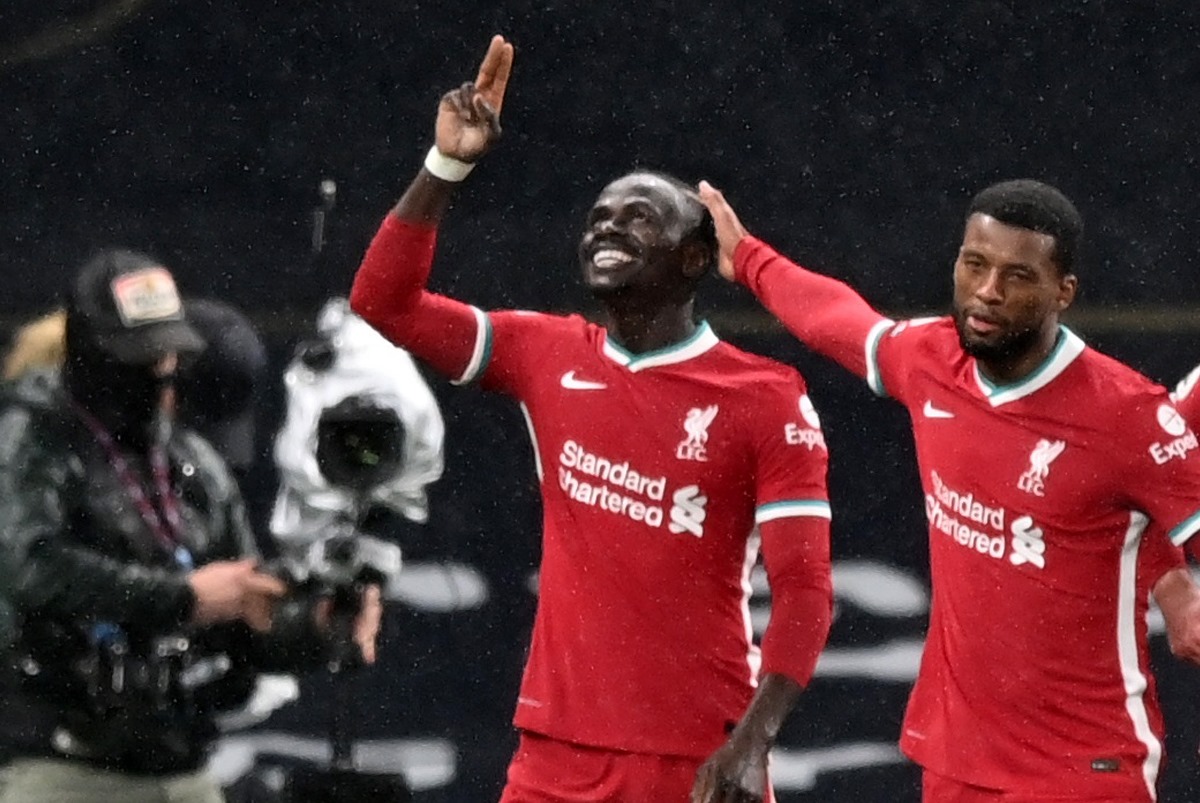 Soccer Football - Premier League - Tottenham Hotspur v Liverpool - Tottenham Hotspur Stadium, London, Britain - January 28, 2021 Liverpool's Sadio Mane celebrates scoring their third goal with Georginio Wijnaldum Pool via REUTERS