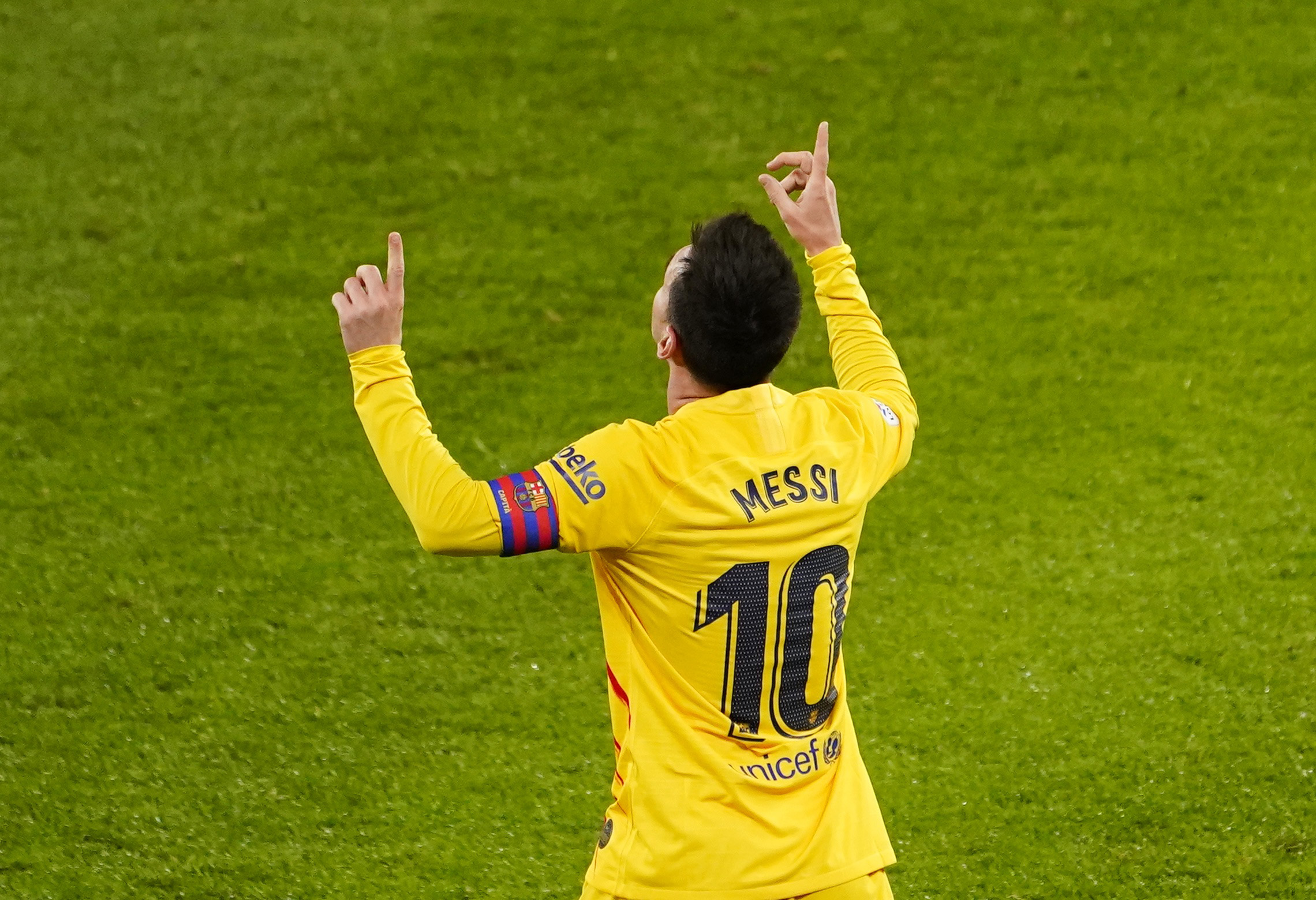 Soccer Football - La Liga Santander - Athletic Bilbao v FC Barcelona - San Mames, Bilbao, Spain - January 6, 2021 Barcelona's Lionel Messi celebrates scoring their third goal REUTERS
