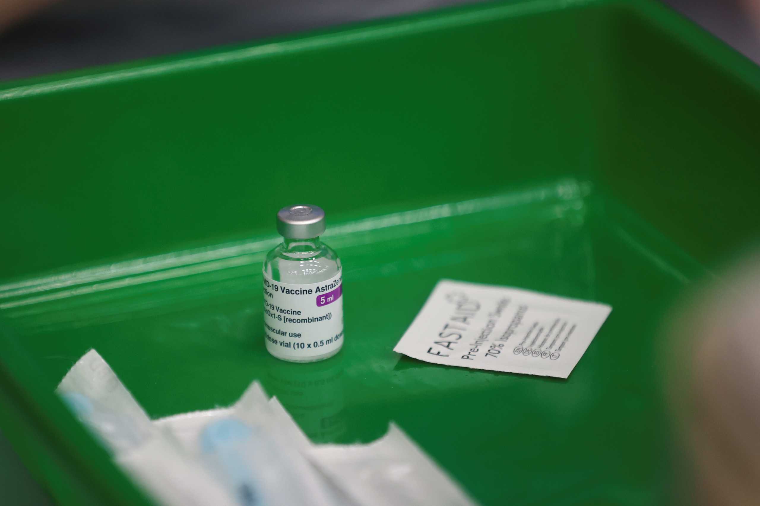 A vial of the AstraZeneca's vaccine for the coronavirus disease (COVID-19) is pictured at the Derby Arena velodrome in Derby, Derbyshire, Britain, January 29, 2021.  REUTERS