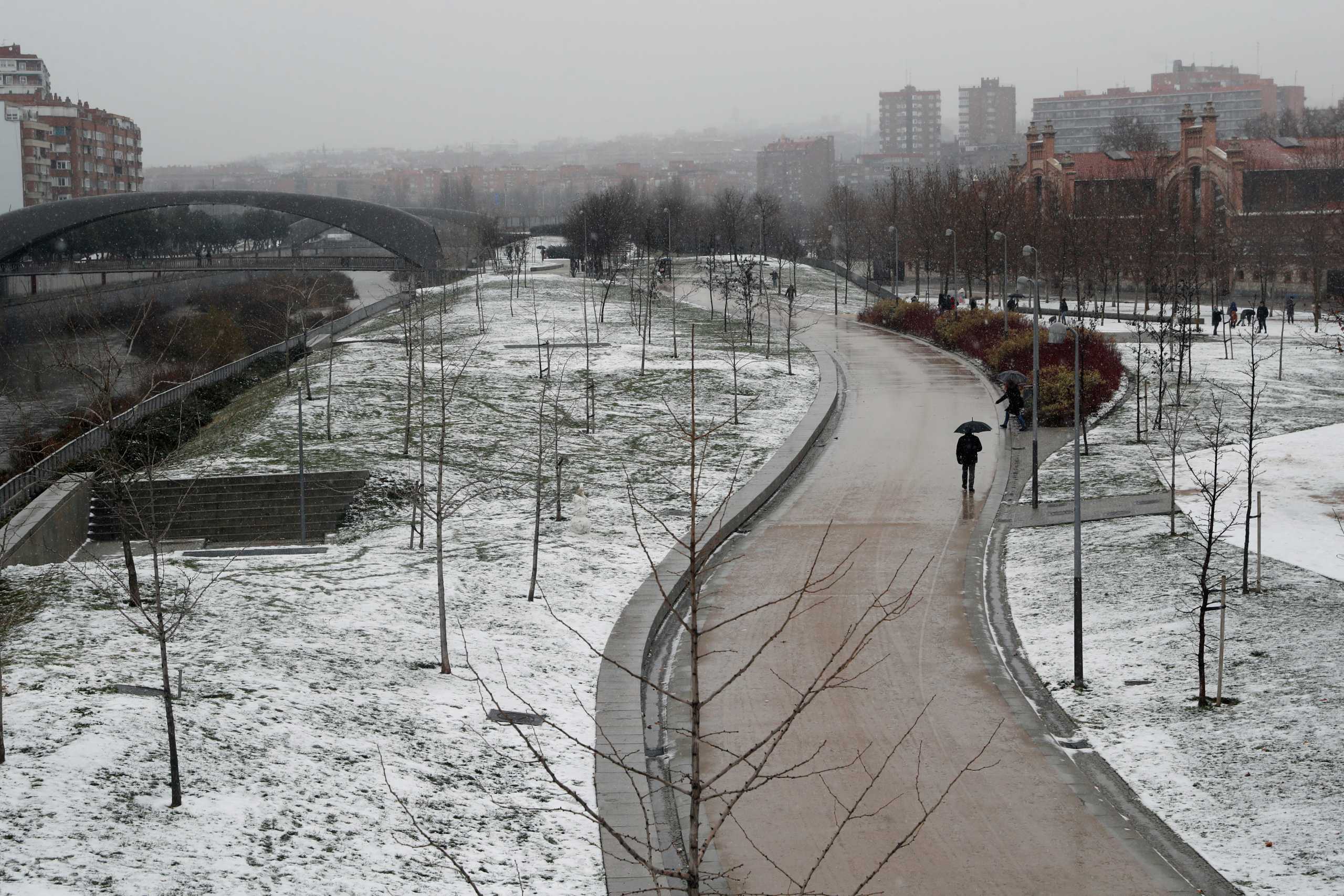 A person walks with an umbrella during a heavy snowfall at Madrid Rio park in Madrid, Spain January 8, 2021. REUTERS