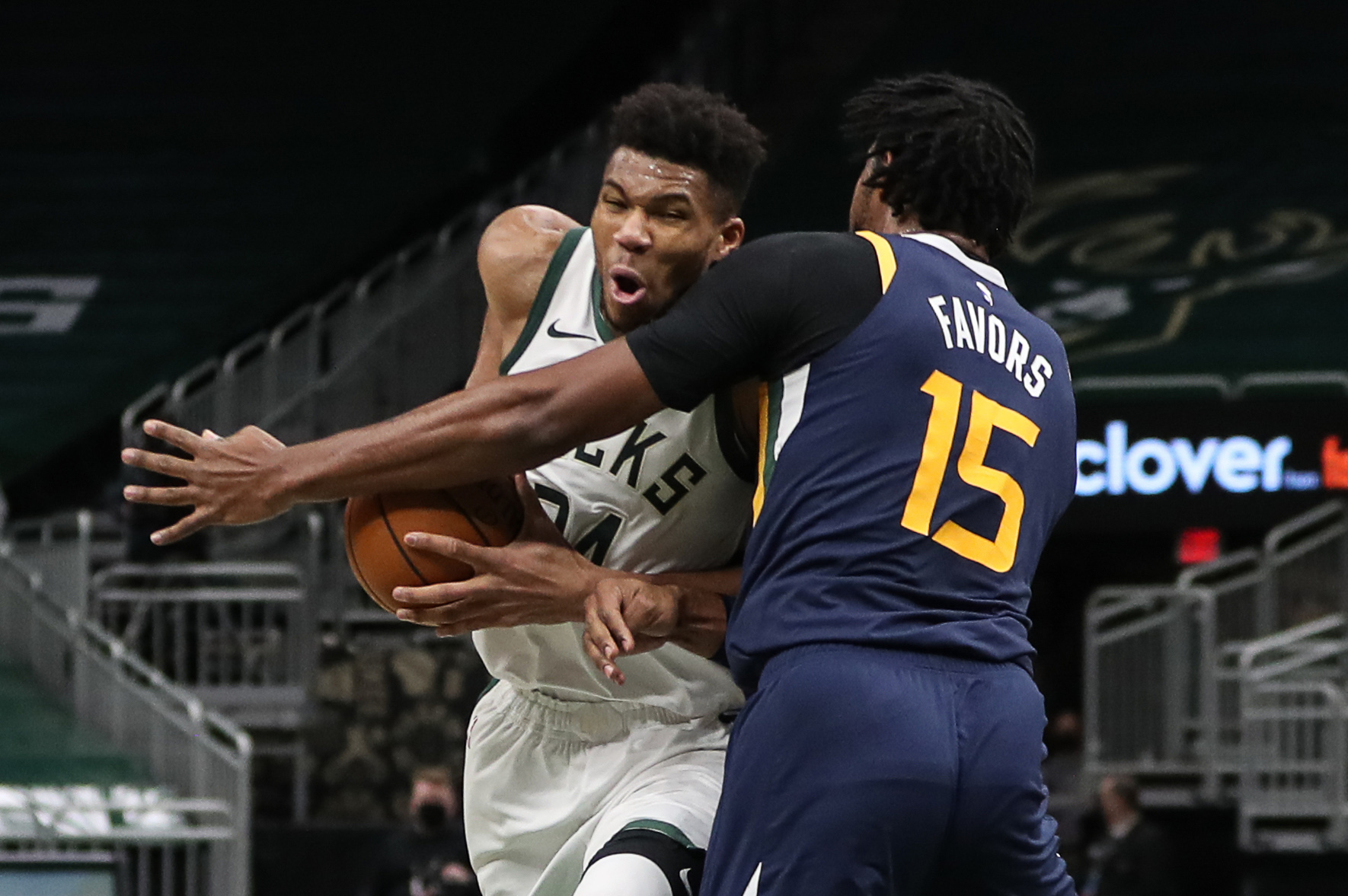 Jan 8, 2021; Milwaukee, WI, USA; Milwaukee Bucks forward Giannis Antetokounmpo (34) drives to the basket against Utah Jazz center Derrick Favors (15) at the Bradley Center.  Mandatory Credit: Nick Monroe