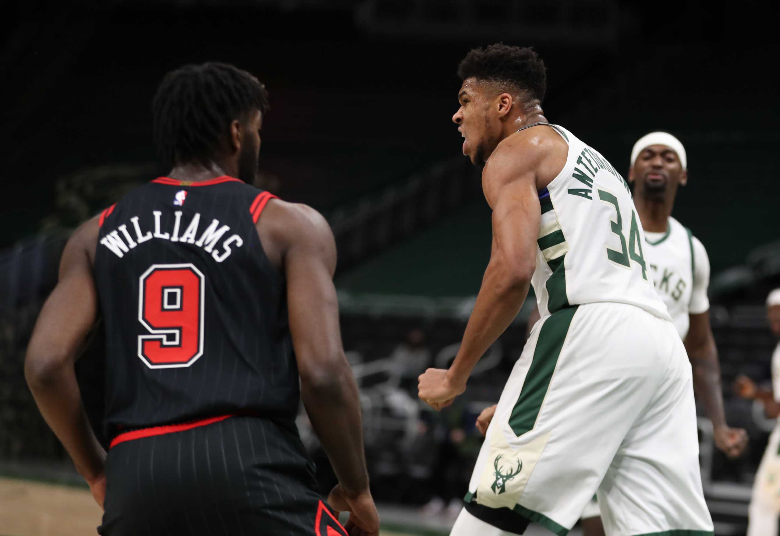 Jan 1, 2021; Milwaukee, WI, USA;  Milwaukee Bucks forward Giannis Antetokounmpo (34) reacts during the game against the Chicago Bulls at the Bradley Center.  Mandatory Credit: Nick Monroe