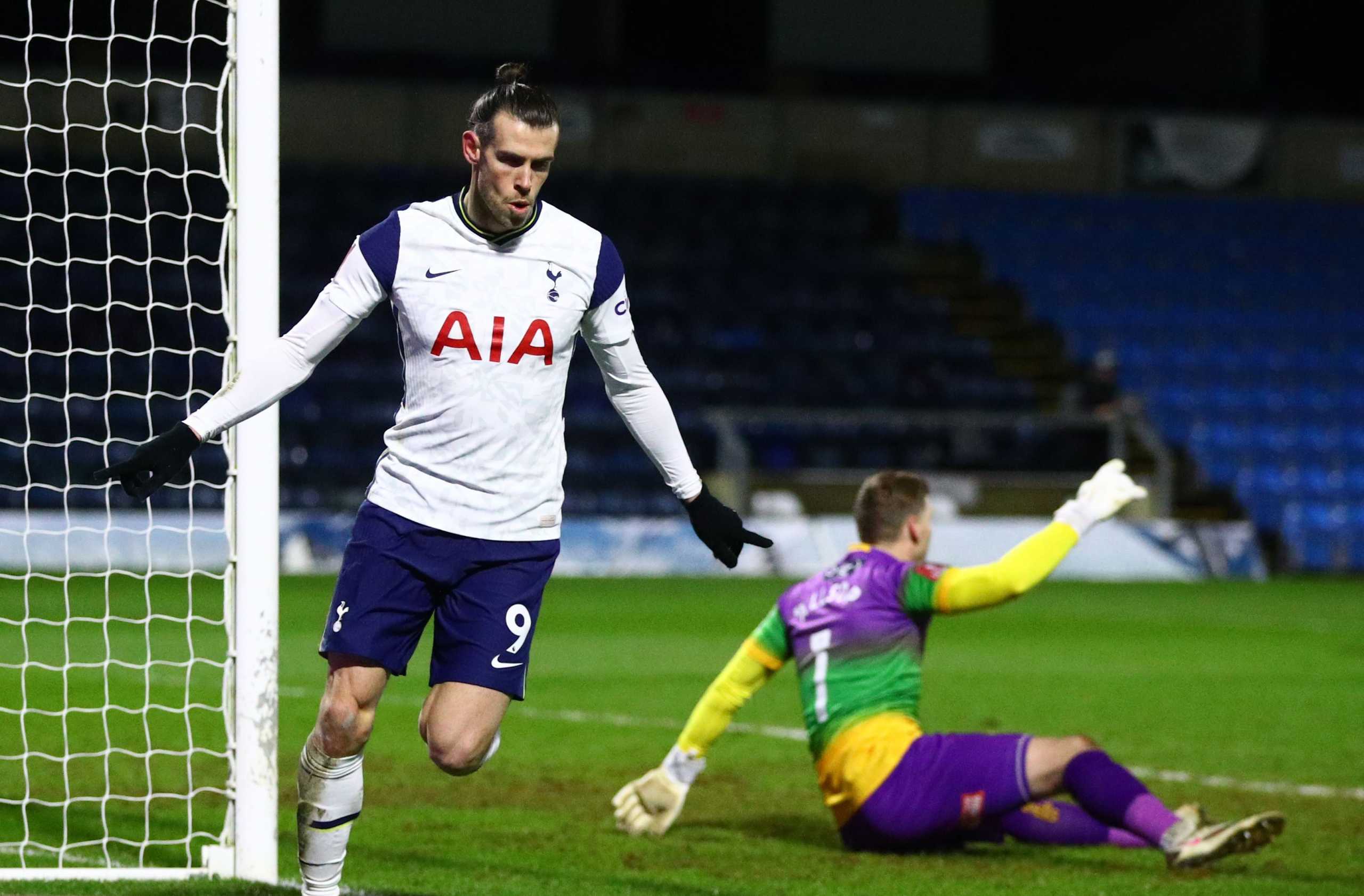 Soccer Football - FA Cup - Fourth Round - Wycombe Wanderers v Tottenham Hotspur - Adams Park, High Wycombe, Britain - January 25, 2021 Tottenham Hotspur's Gareth Bale celebrates scoring their first goal REUTERS