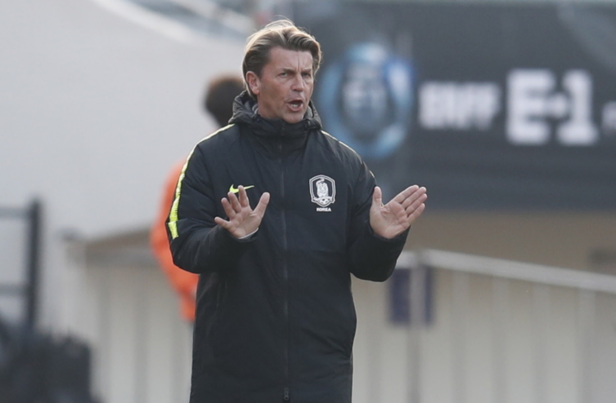 epa08059075 Colin Bell, head coach of South Korea, reacts during the EAFF E-1 Football Championship Women's match between South Korea and China at Busan Gudeok Stadium in Busan, South Korea, 10 December 2019.  EPA