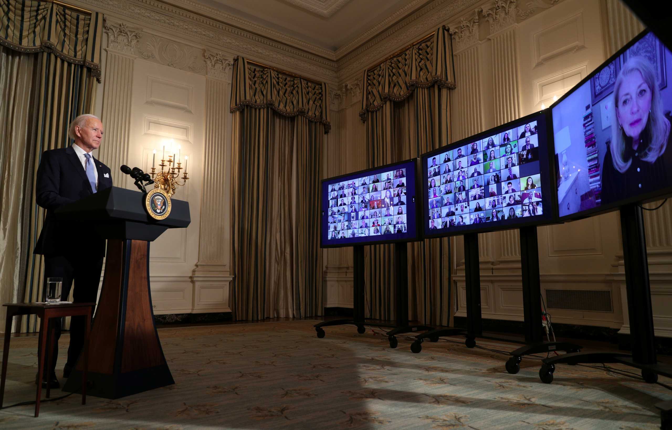 U.S. President Joe Biden swears in presidential appointees in a virtual ceremony in the State Dining Room of the White House in Washington, after Biden's inauguration as the 46th President of the United States, U.S., January 20, 2021. REUTERS