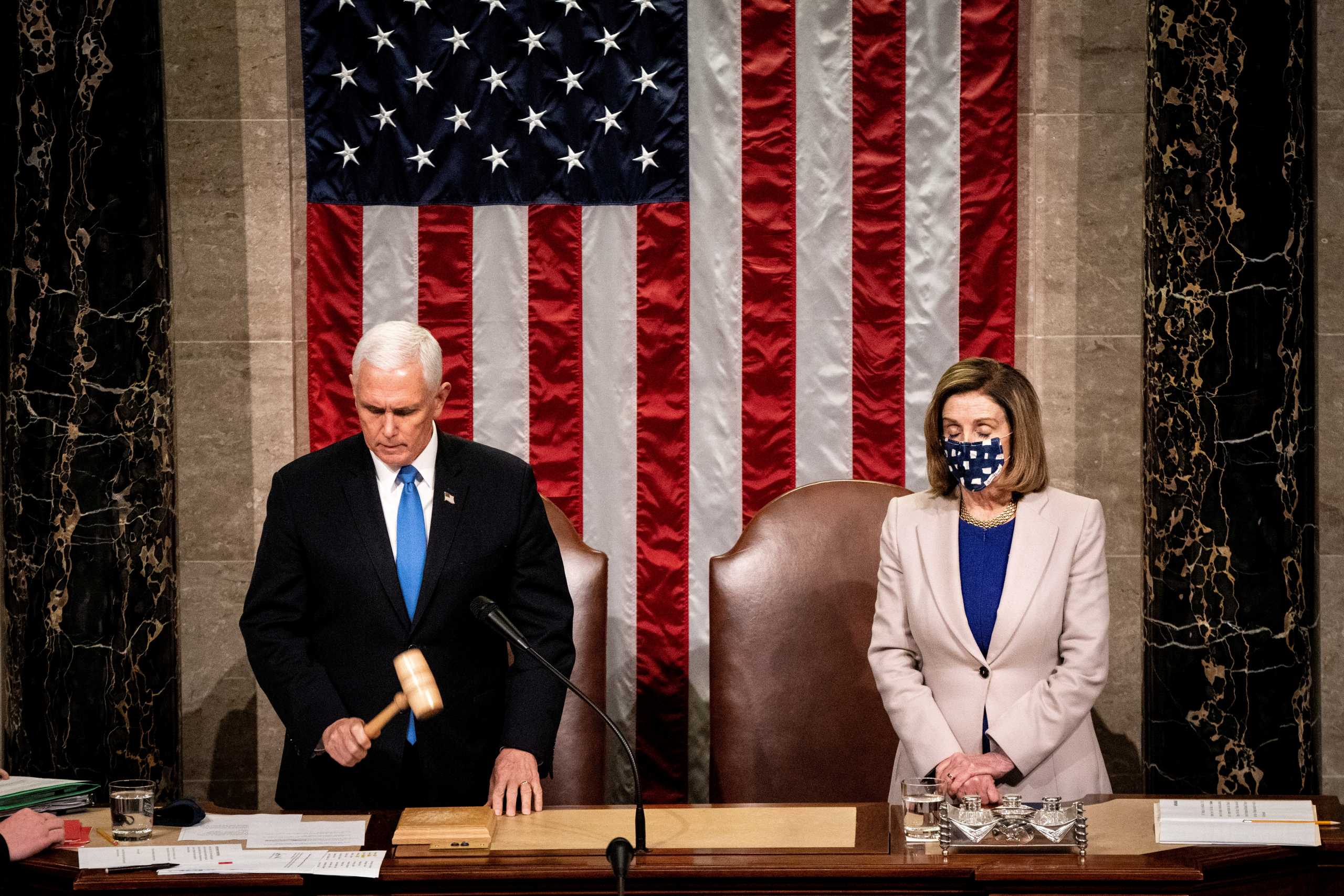 Vice President Mike Pence and House Speaker Nancy Pelosi resume presiding over a Joint session of Congress to certify the 2020 Electoral College results, after supporters of President Donald Trump stormed the Capitol earlier in the day, on Capitol Hill in Washington, U.S. January 6, 2021. Erin Schaff