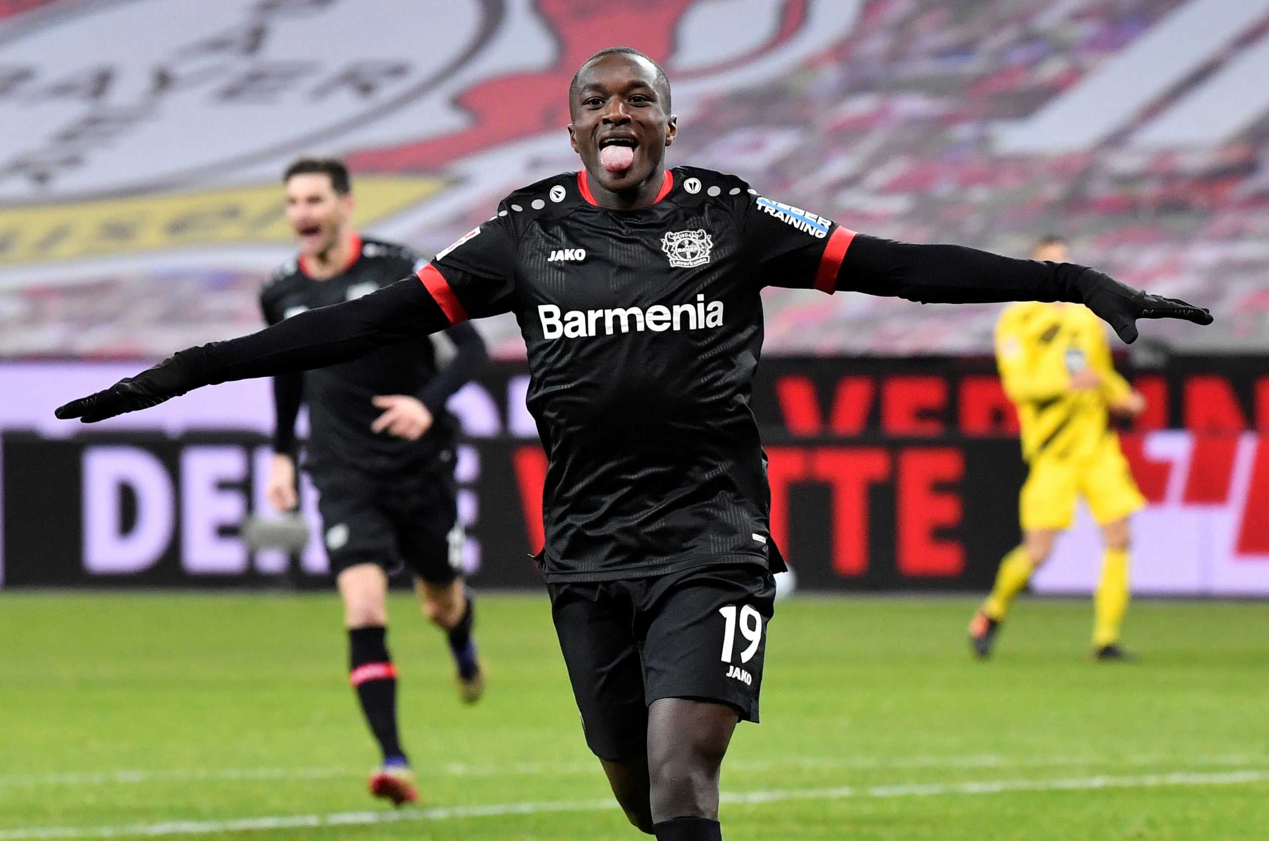 Soccer Football - Bundesliga - Bayer Leverkusen v Borussia Dortmund - BayArena, Leverkusen, Germany - January 19, 2021  Bayer Leverkusen's Moussa Diaby celebrates scoring their first goal Pool via REUTERS