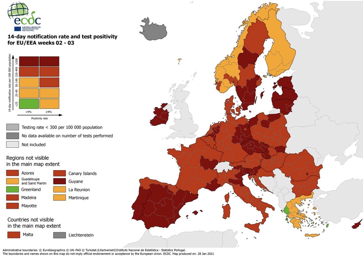 ECDC: Στις τρεις πορτοκαλί χώρες της Ευρώπης η Ελλάδα – Πράσινη στον δείκτη θετικότητας