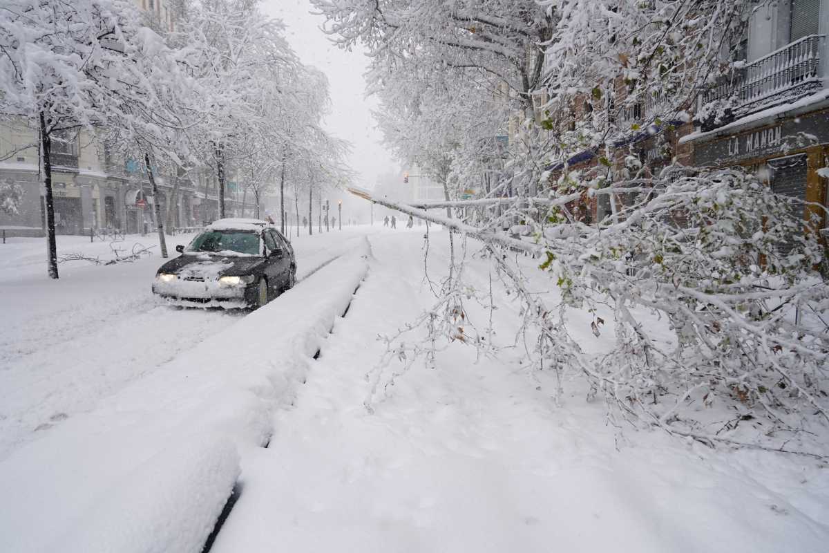 A car drives past the broken branch of a tree during a heavy snowfall in Madrid, Spain, January 9, 2021. REUTERS