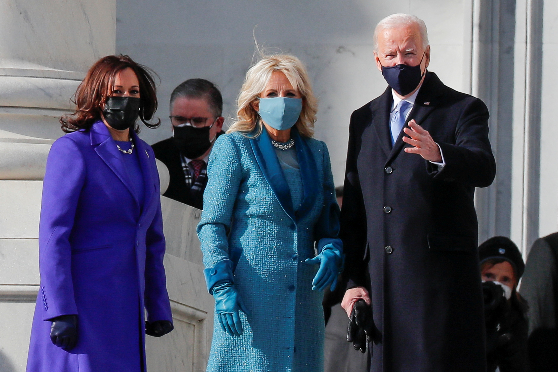 President-elect Joe Biden, his wife Jill Biden and Vice President-elect Kamala Harris arrive ahead of the inauguration of Biden, in Washington, U.S., January 20, 2021. REUTERS
