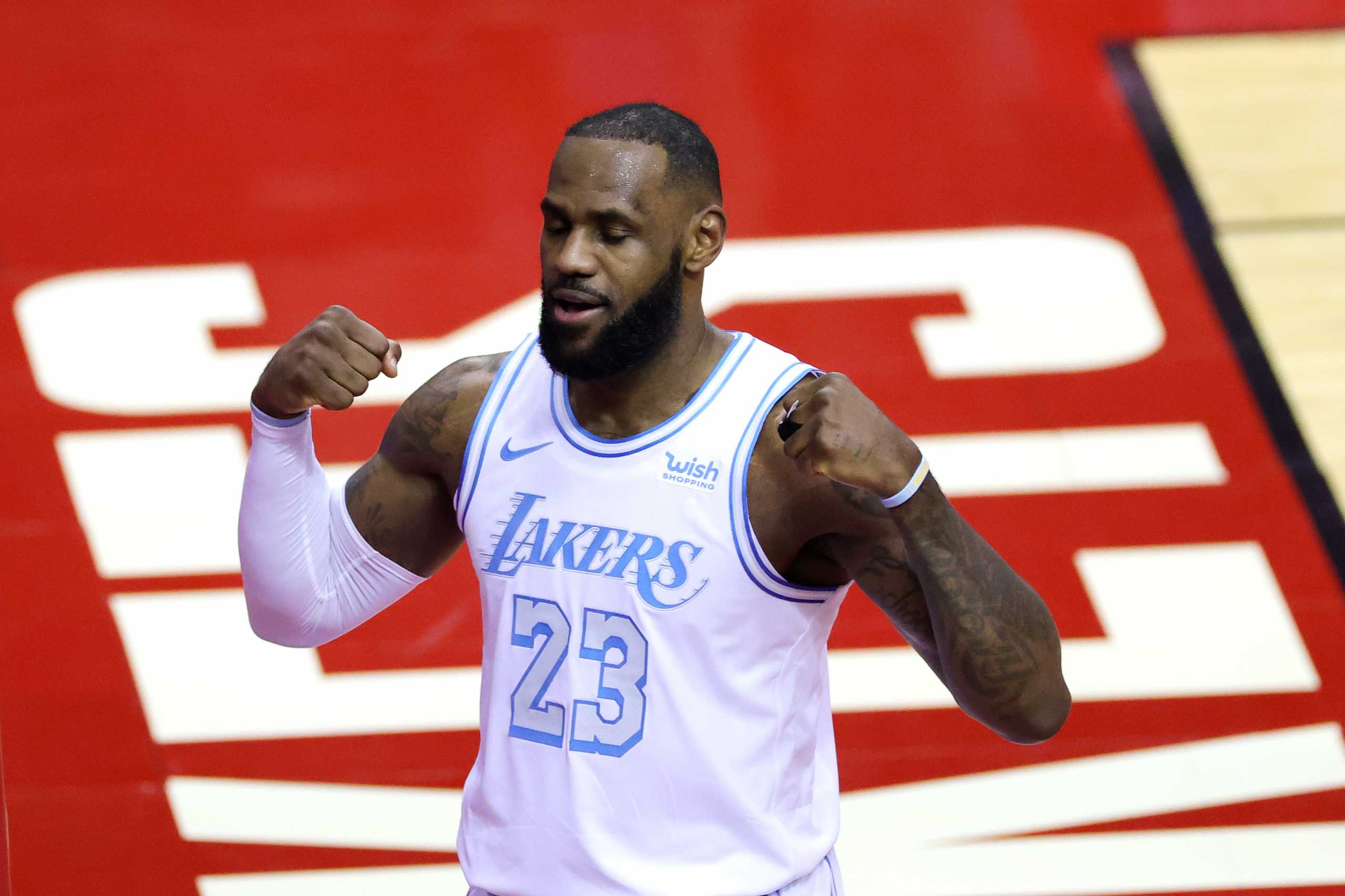 Jan 10, 2021; Houston, Texas, USA;    LeBron James #23 of the Los Angeles Lakers reacts during the first quarter of a game against the Houston Rockets at Toyota Center on January 10, 2021 in Houston, Texas.  Mandatory Credit: Carmen Mandato