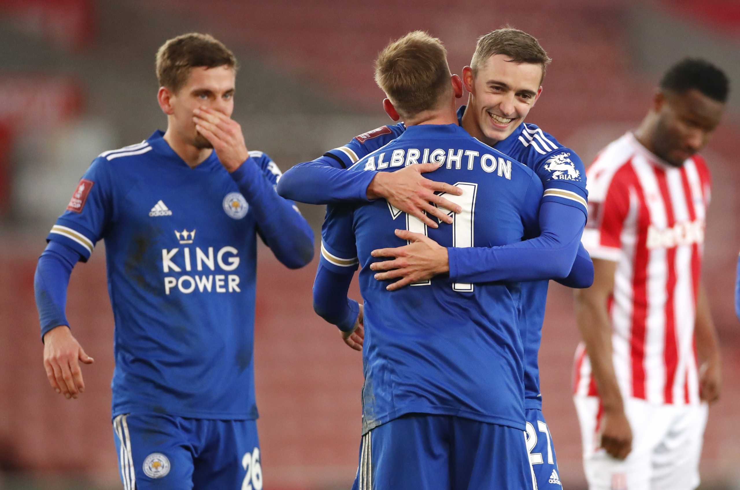 Soccer Football - FA Cup - Third Round - Stoke City v Leicester City - bet365 Stadium, Stoke-On-Trent, Britain - January 9, 2021 Leicester City's Marc Albrighton celebrates scoring their second goal with Timothy Castagne and Dennis Praet Action Images via Reuters