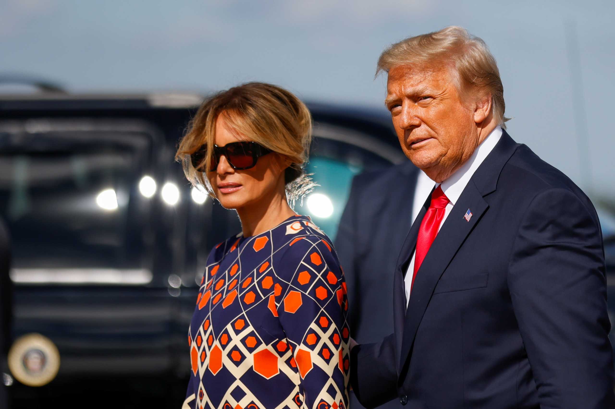 U.S. President Donald Trump and first lady Melania Trump arrive at Palm Beach International Airport in West Palm Beach, Florida, U.S., January 20, 2021. REUTERS