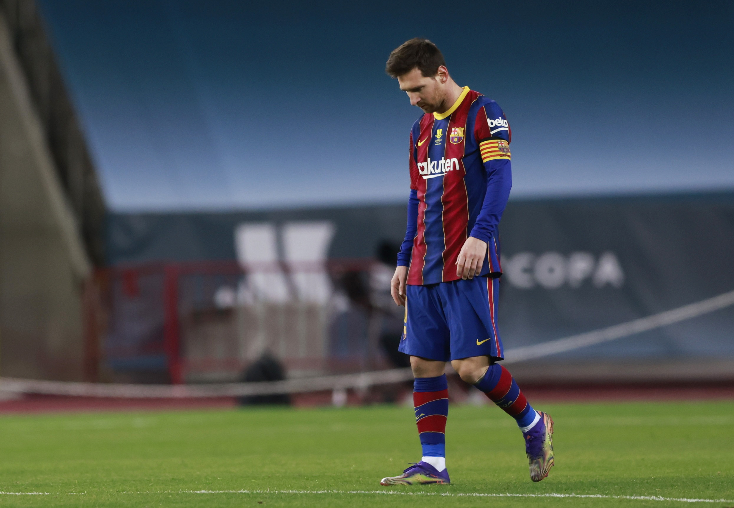 Soccer Football - Spanish Super Cup Final - FC Barcelona v Athletic Bilbao - Estadio La Cartuja de Sevilla, Seville, Spain - January 17, 2021 Barcelona's Lionel Messi looks dejected after Athletic Bilbao's Asier Villalibre scores their second goal REUTERS