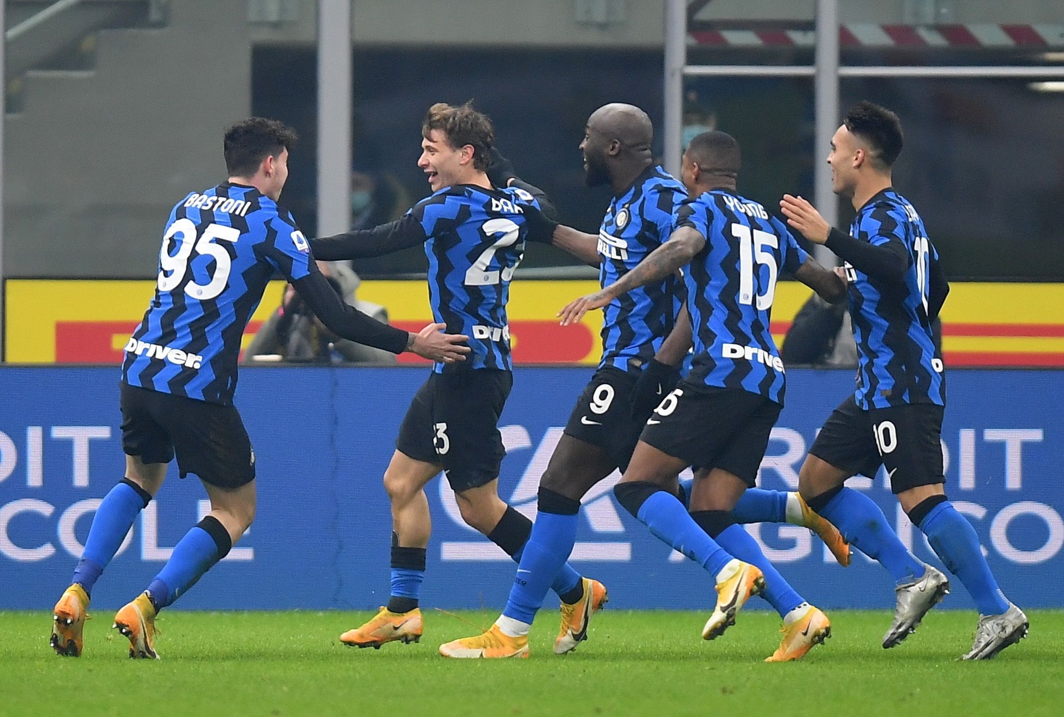 Soccer Football - Serie A - Inter Milan v Juventus - San Siro, Milan, Italy - January 17, 2021 Inter Milan's Nicolo Barella celebrates scoring their second goal with teammates REUTERS