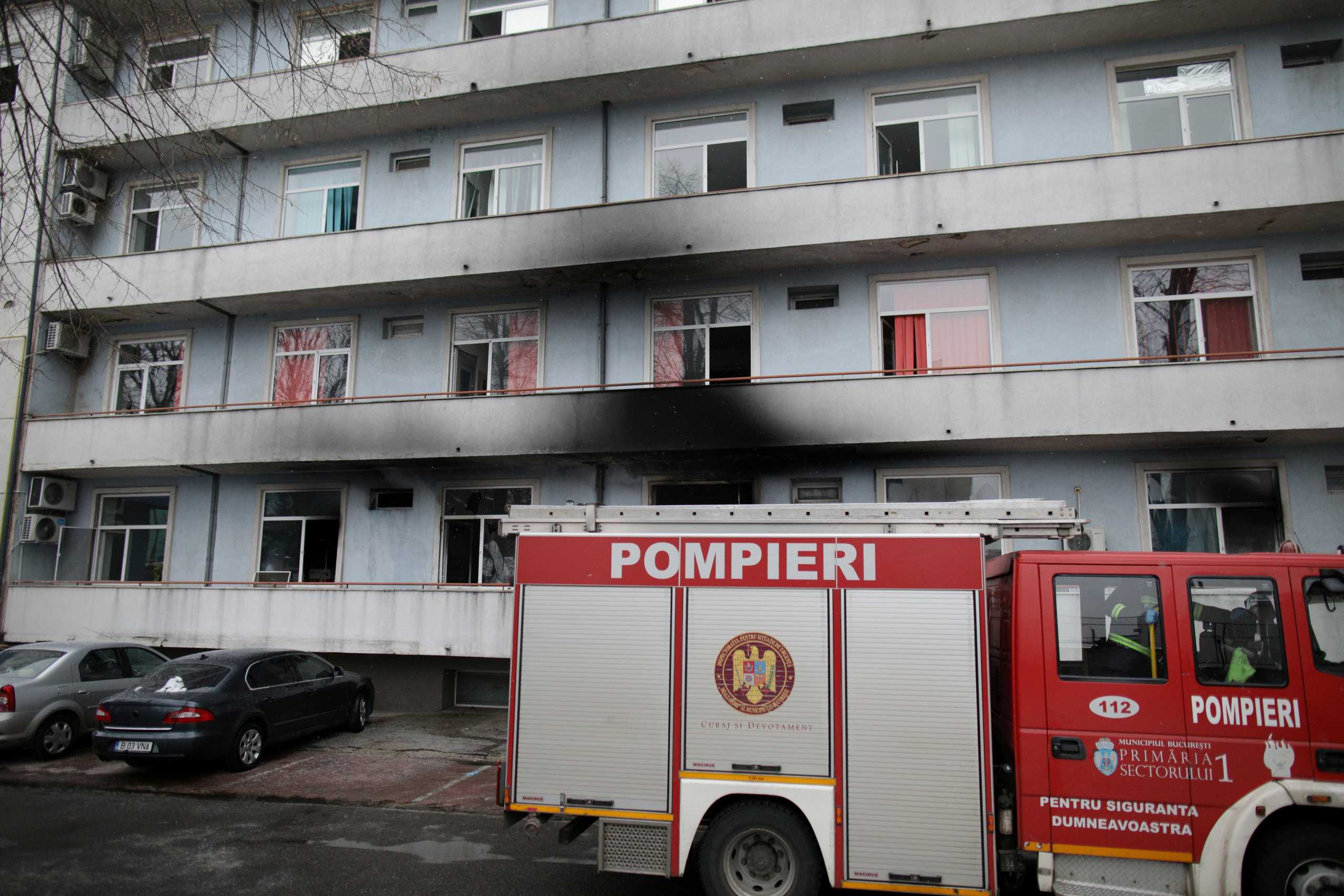 A firetruck is seen at the site of COVID-19 hospital Matei Bals, after a fire broke out in one of its buildings, in Bucharest, Romania January 29, 2021. Inquam Photos