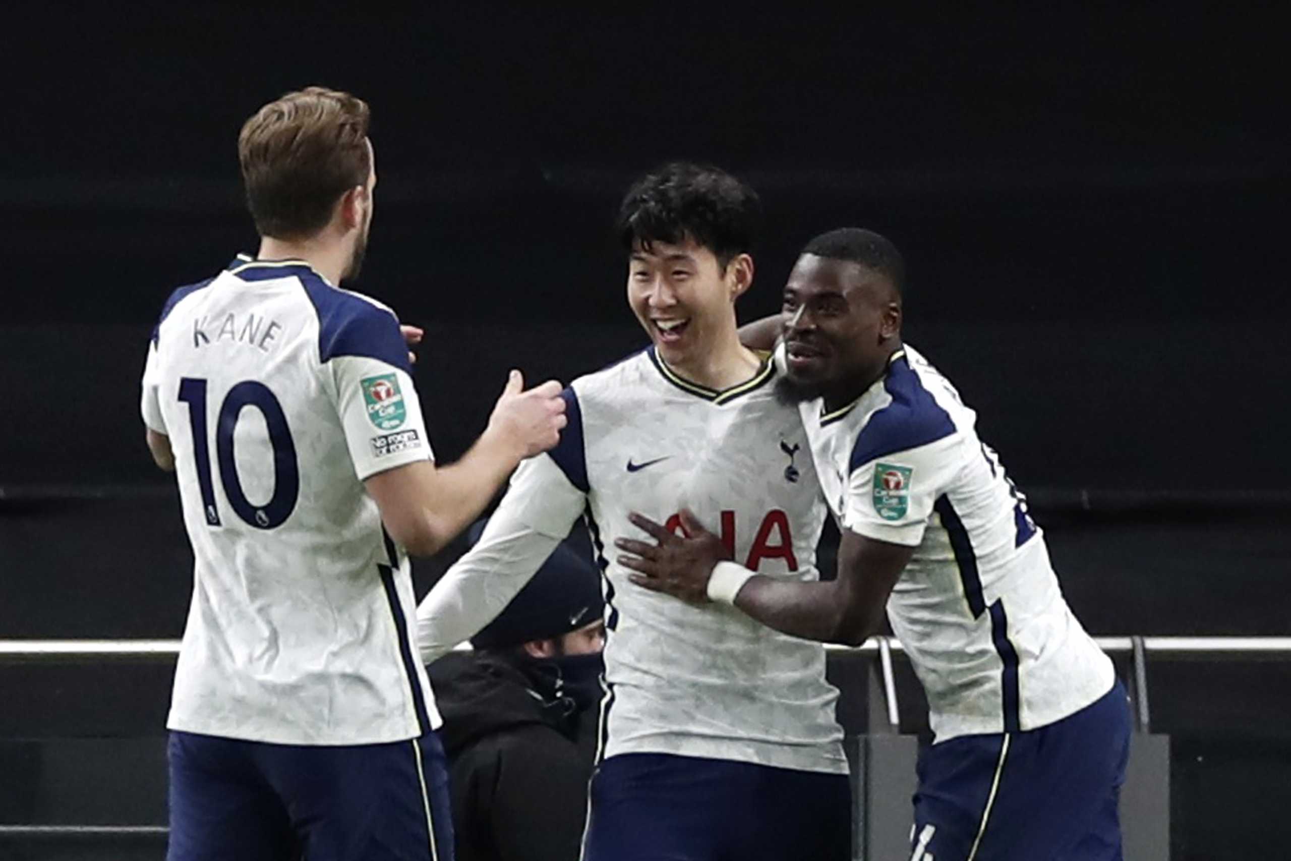 Soccer Football - Carabao Cup - Semi Final - Tottenham Hotspur v Brentford - Tottenham Hotspur Stadium, London, Britain - January 5, 2021 Tottenham Hotspur's Son Heung-min celebrates scoring their second goal with teammates REUTERS