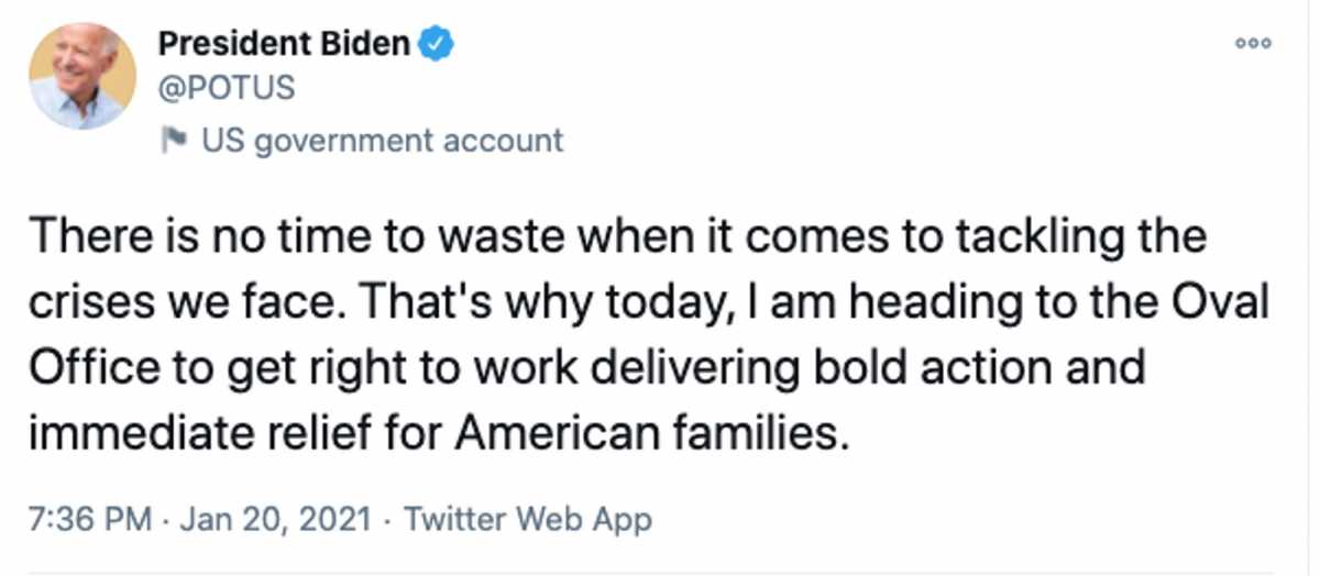 Το πρώτο tweet του νέου Προέδρου των ΗΠΑ Τζο Μπάιντεν