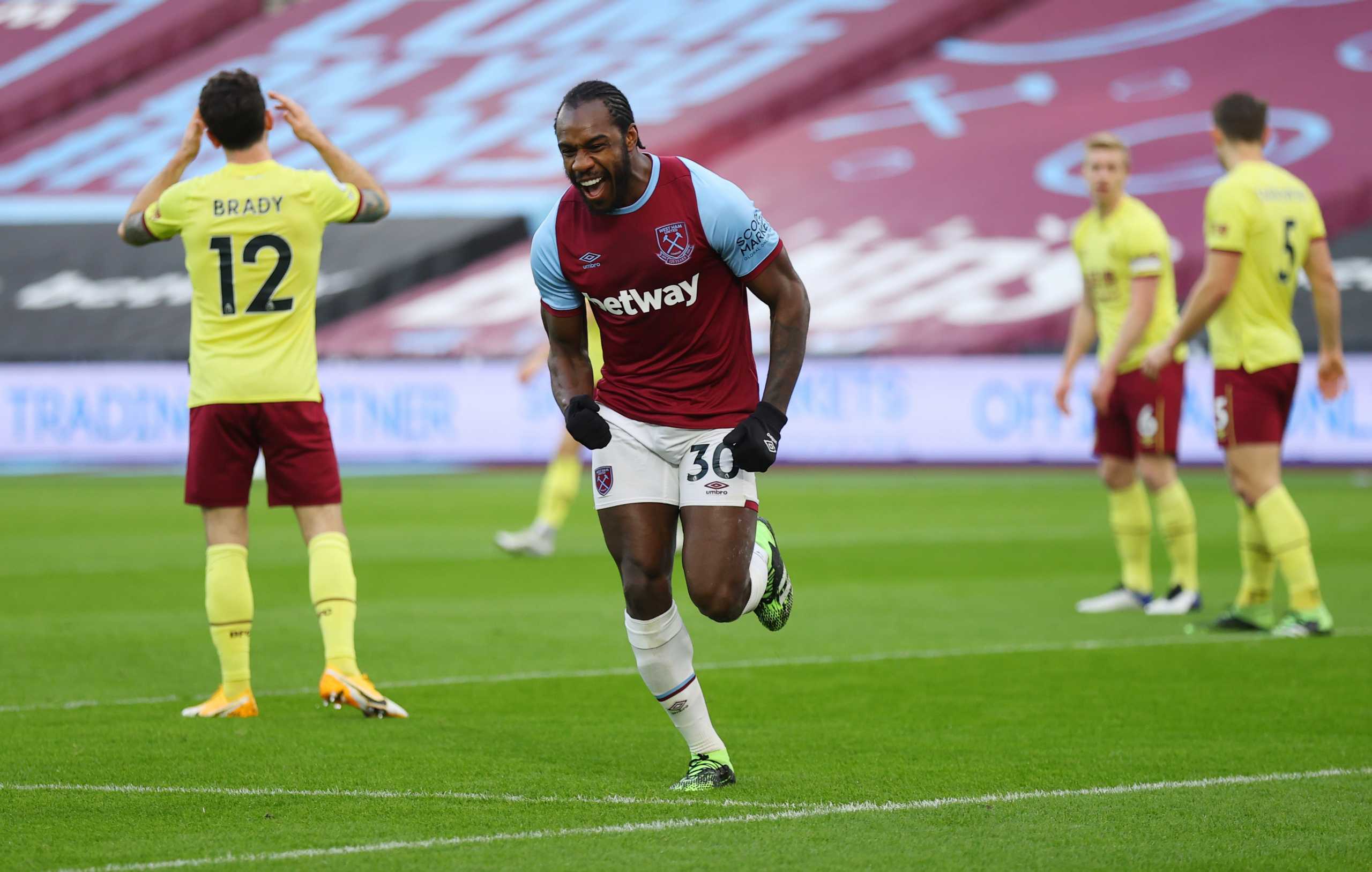 Soccer Football - Premier League - West Ham United v Burnley - London Stadium, London, Britain - January 16, 2021 West Ham United's Michail Antonio celebrates scoring their first goal Pool via REUTERS