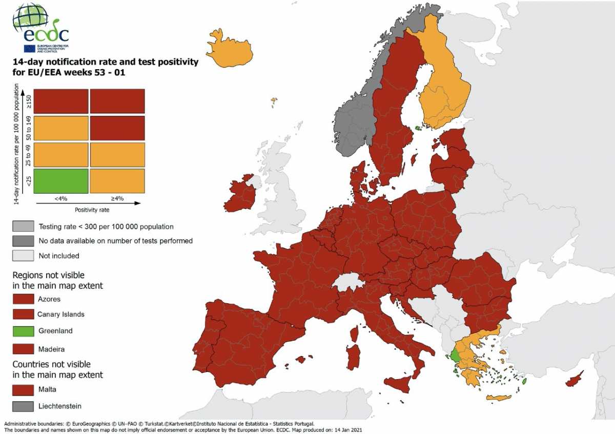 Κορονοϊός: Ο νέος χάρτης της πανδημίας στην Ευρώπη – Ούτε μια κόκκινη περιοχή στην Ελλάδα