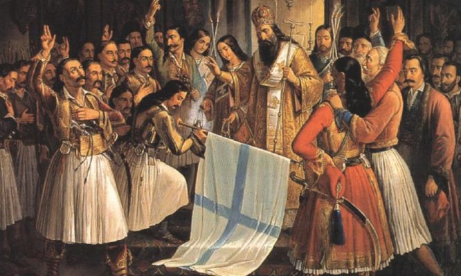 Germanos, Metropolitan of Patras, Blessing the flag of Revolution, Theodoros Vryzakis, 1865, 16,4x1,26m, oel on canvas.
National Art Gallery and Alexandros Soutzos Museum, Athense? ??e???d??? S??t???