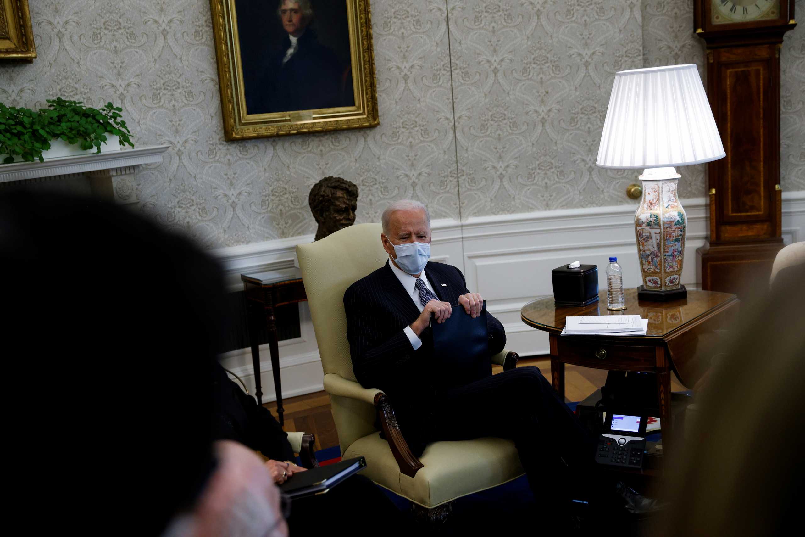 U.S. President Joe Biden hosts a meeting to discuss coronavirus aid legislation with Democratic senators in the Oval Office at the White House in Washington, U.S., February 3, 2021. REUTERS